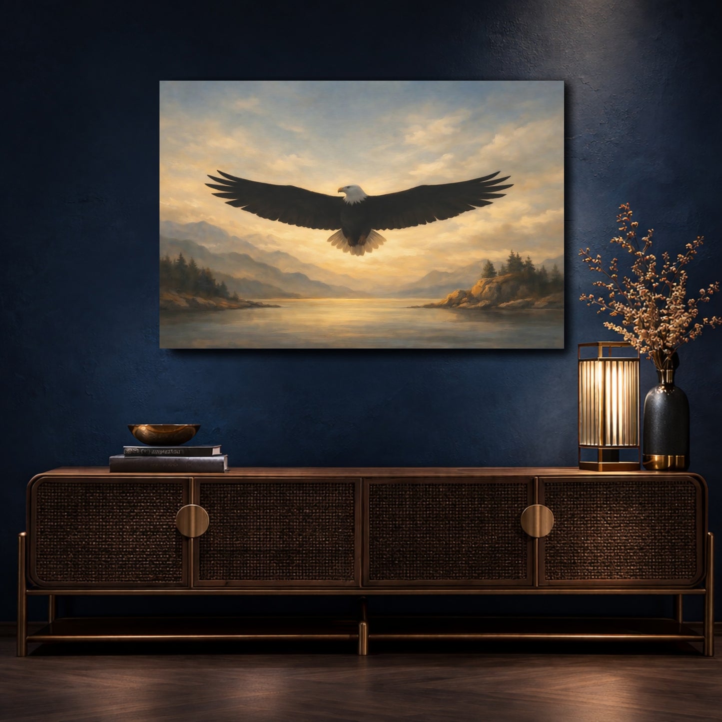 Mockup 4. Animals Bald Eagle Golden Eagle Sunset shown as stretched canvas wall art