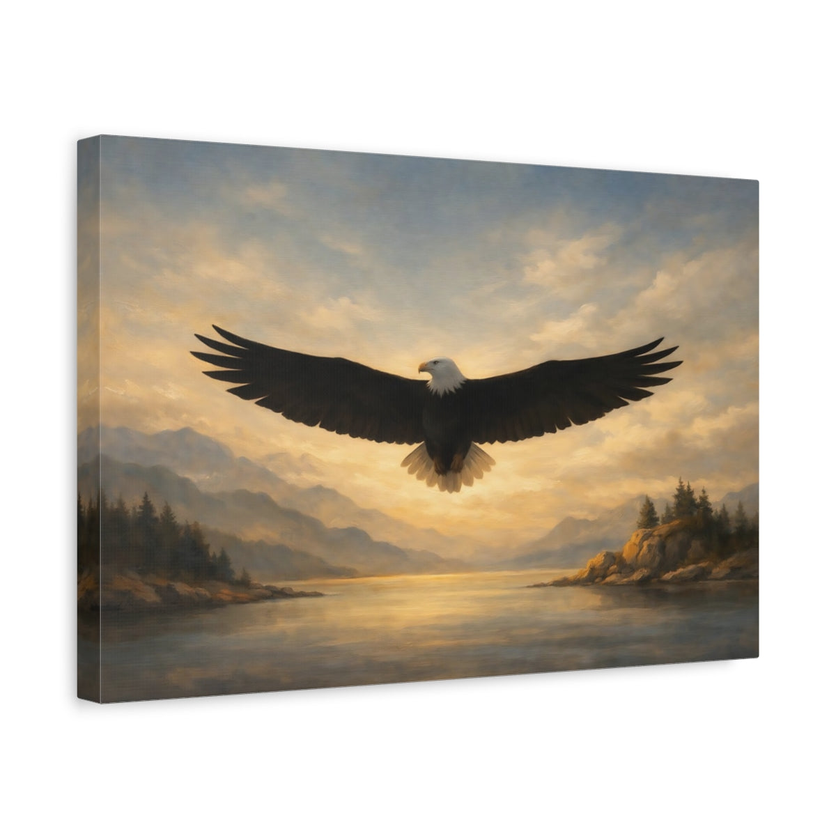 Side Mockup 4. Animals Bald Eagle Golden Eagle Sunset shown as stretched canvas wall art