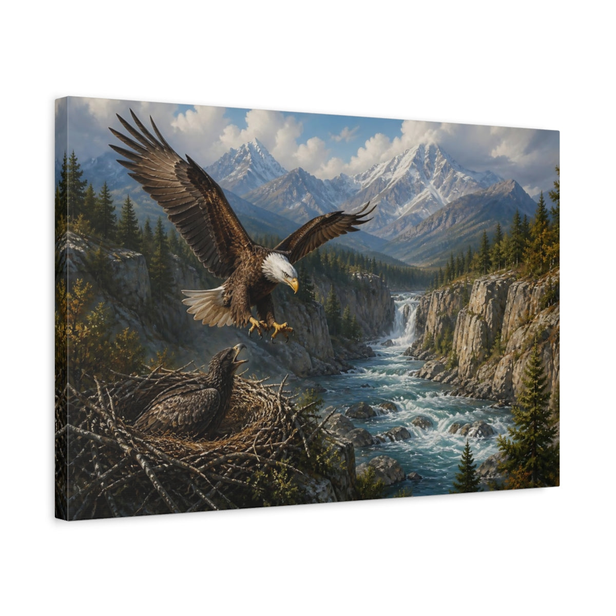 Side Mockup 3. Animals Bald Eagle Over River shown as canvas print