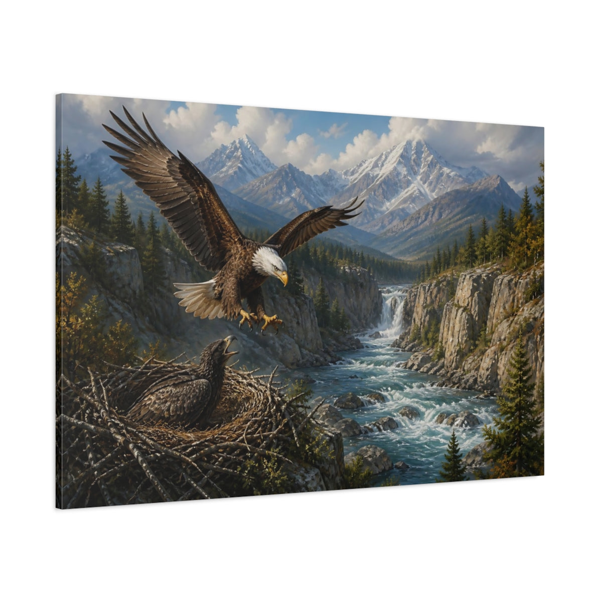Side Mockup 1. Animals Bald Eagle Over River shown as canvas print
