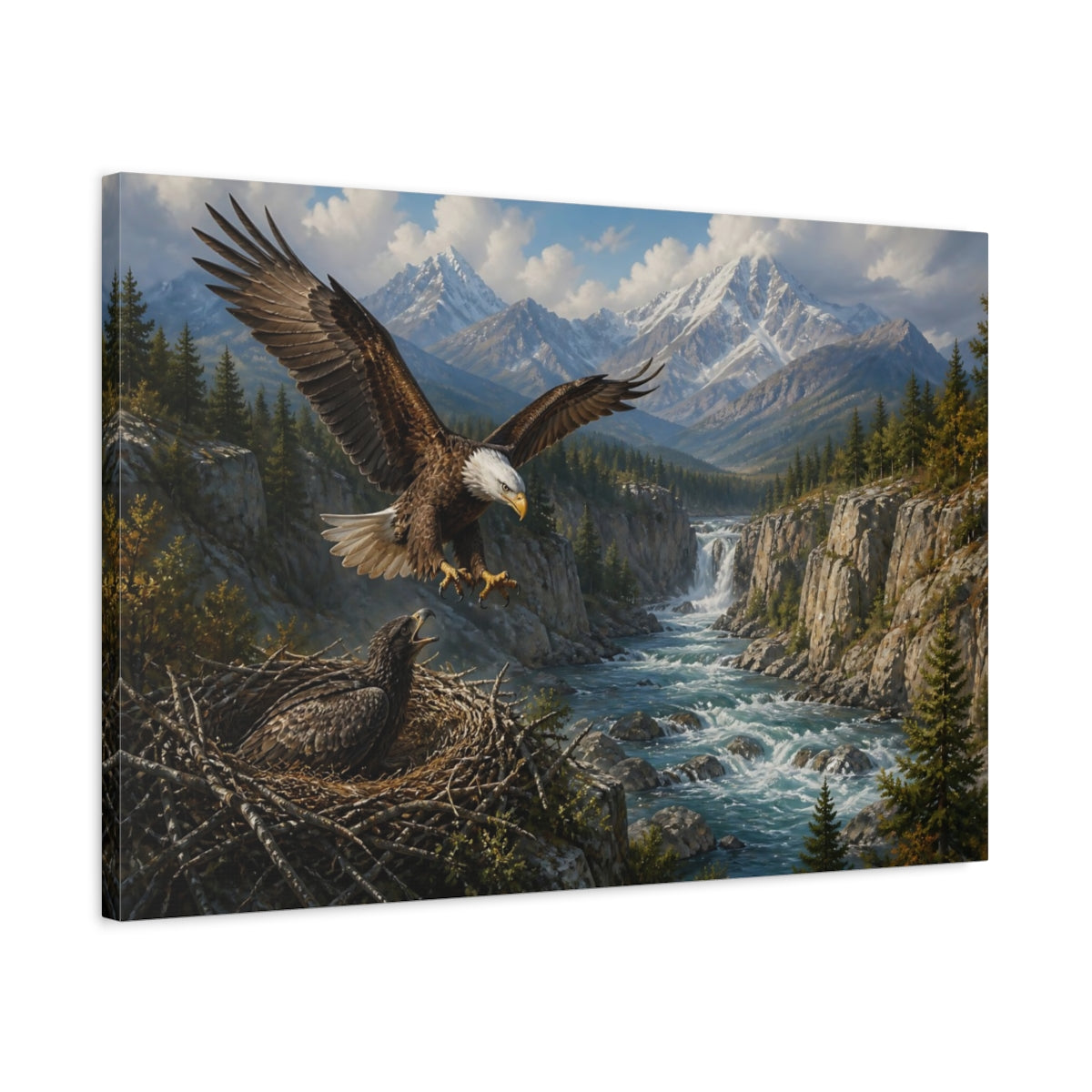 Side Mockup 2. Animals Bald Eagle Over River shown as canvas print