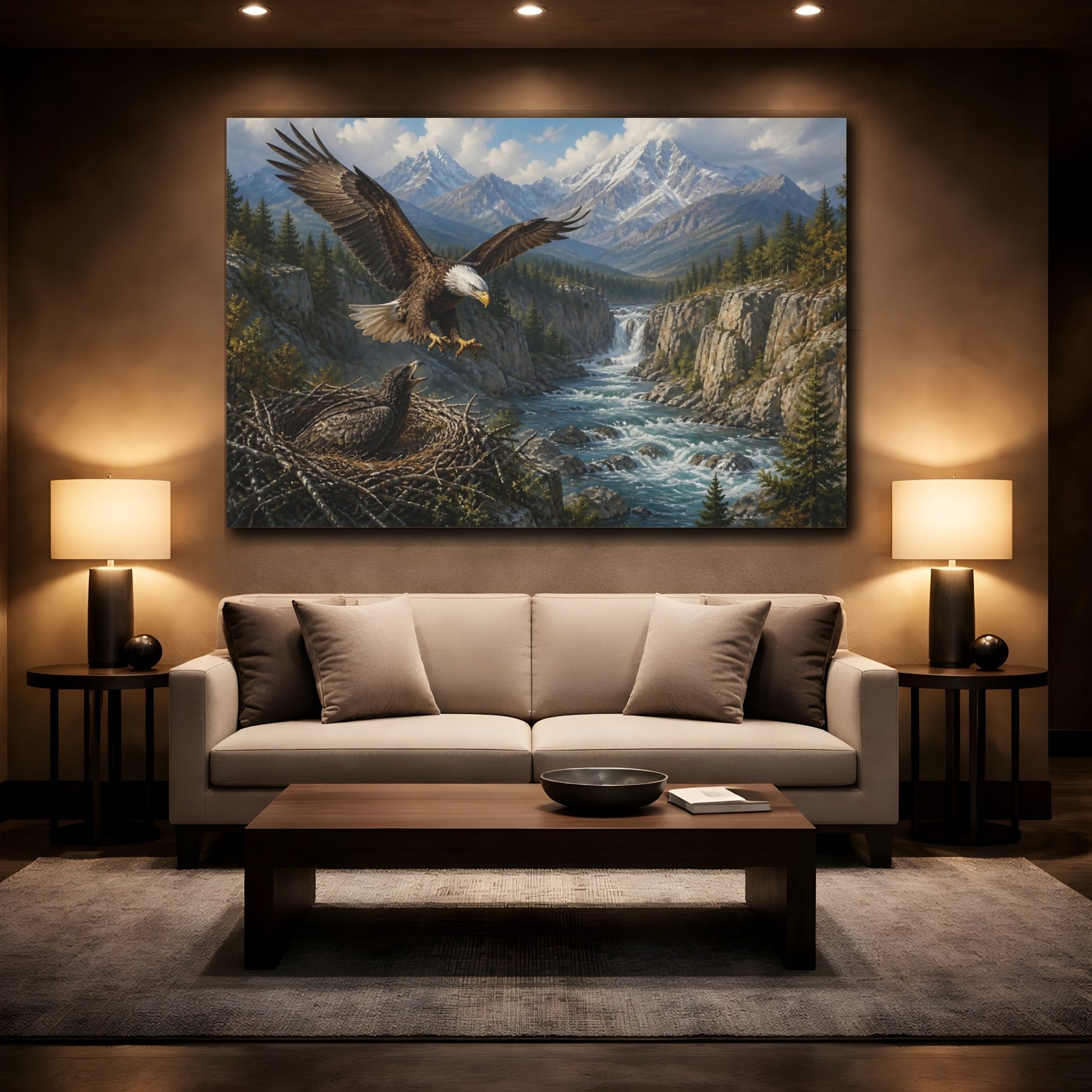 Mockup 2. Animals Bald Eagle Over River shown as canvas print