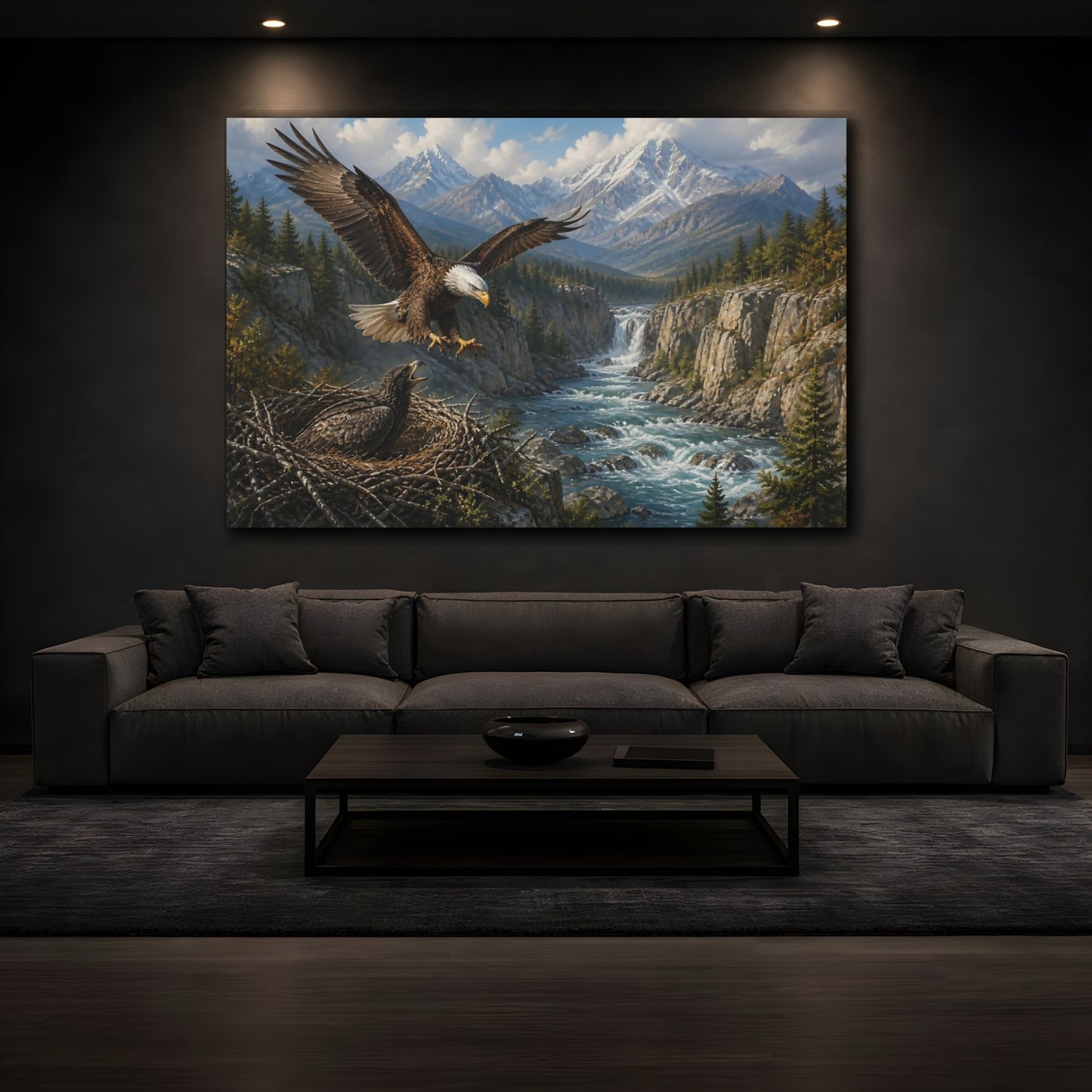 Mockup 3. Animals Bald Eagle Over River shown as canvas print