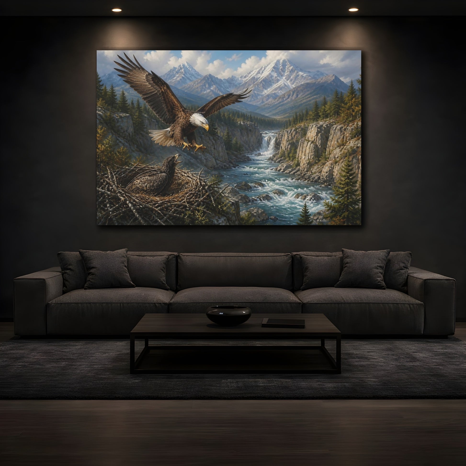 Mockup 3. Animals Bald Eagle Over River shown as canvas print