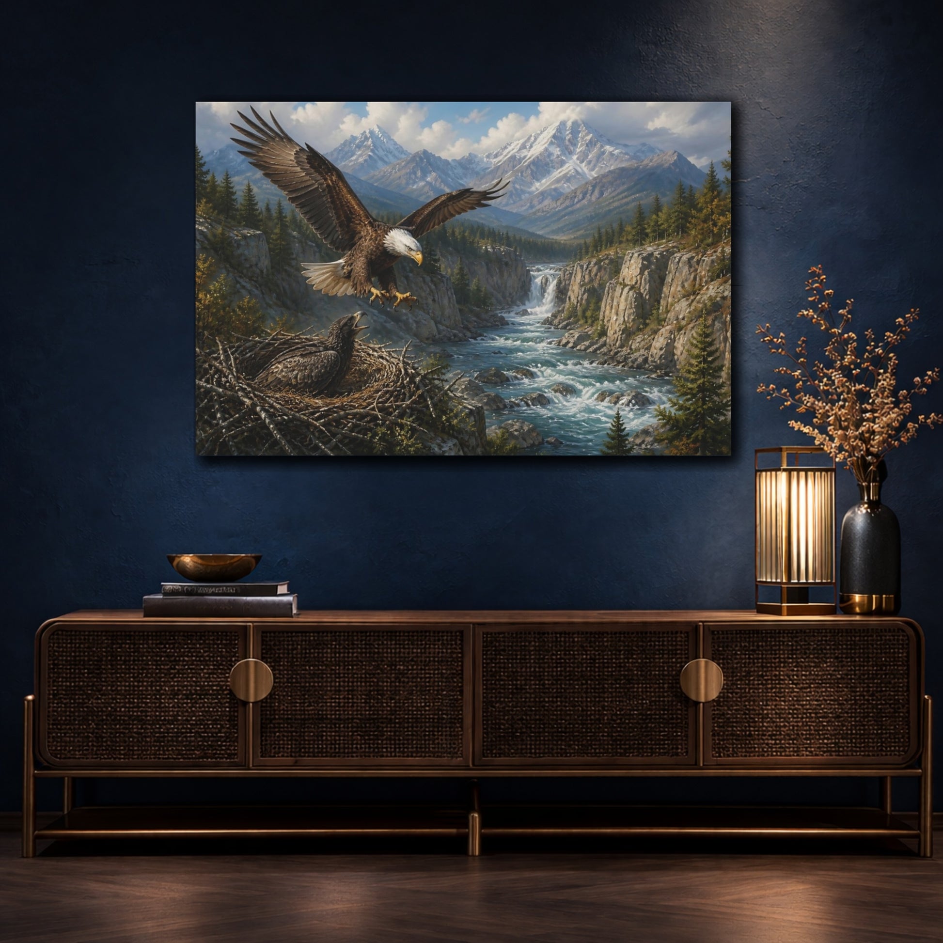 Mockup 4. Animals Bald Eagle Over River shown as canvas print