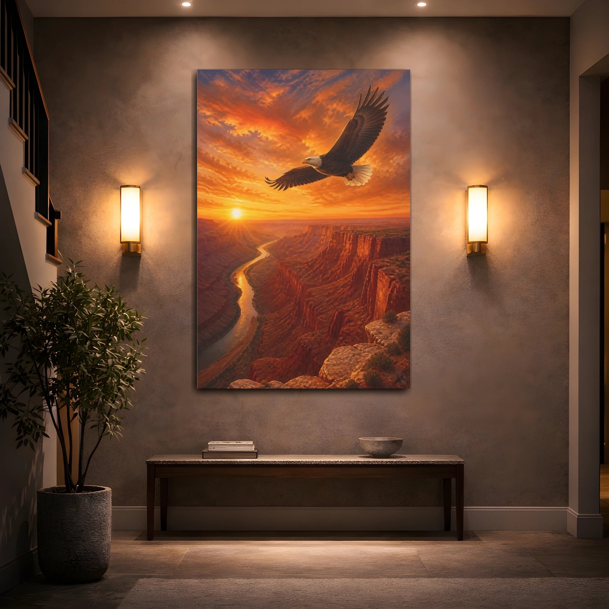 Mockup 2. Animals Bald Eagle Sunrise shown as canvas print