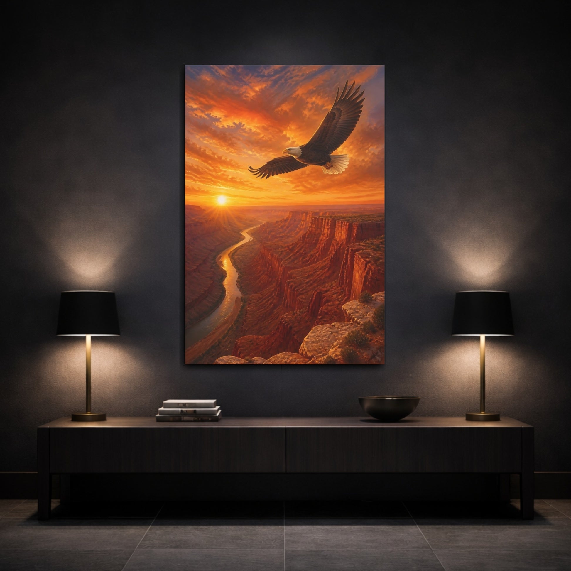 Mockup 3. Animals Bald Eagle Sunrise shown as canvas print