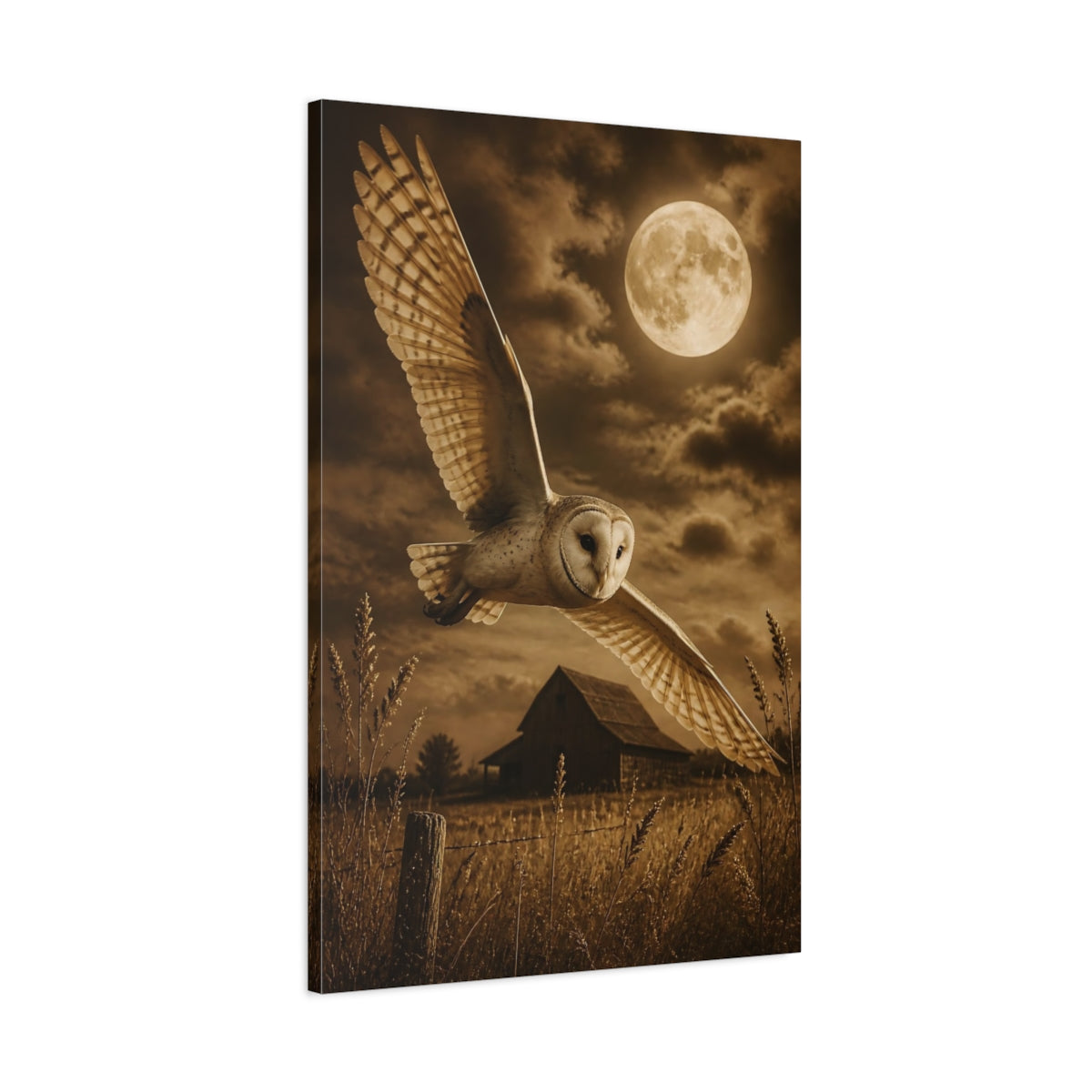 Main Mockup. Animals Barn Owl Moonlit Flight shown as canvas print