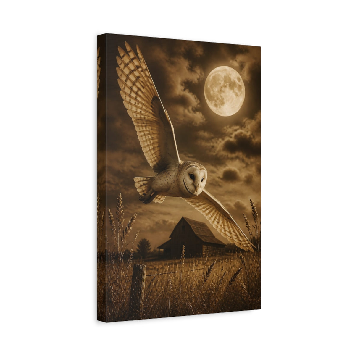 Side Mockup 4. Animals Barn Owl Moonlit Flight shown as canvas print
