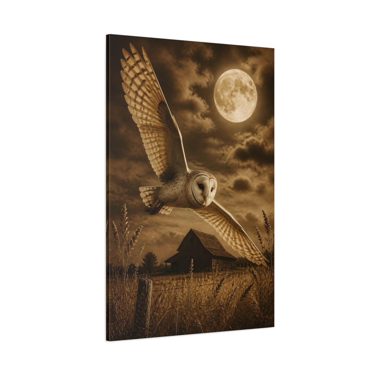 Side Mockup 1. Animals Barn Owl Moonlit Flight shown as canvas print