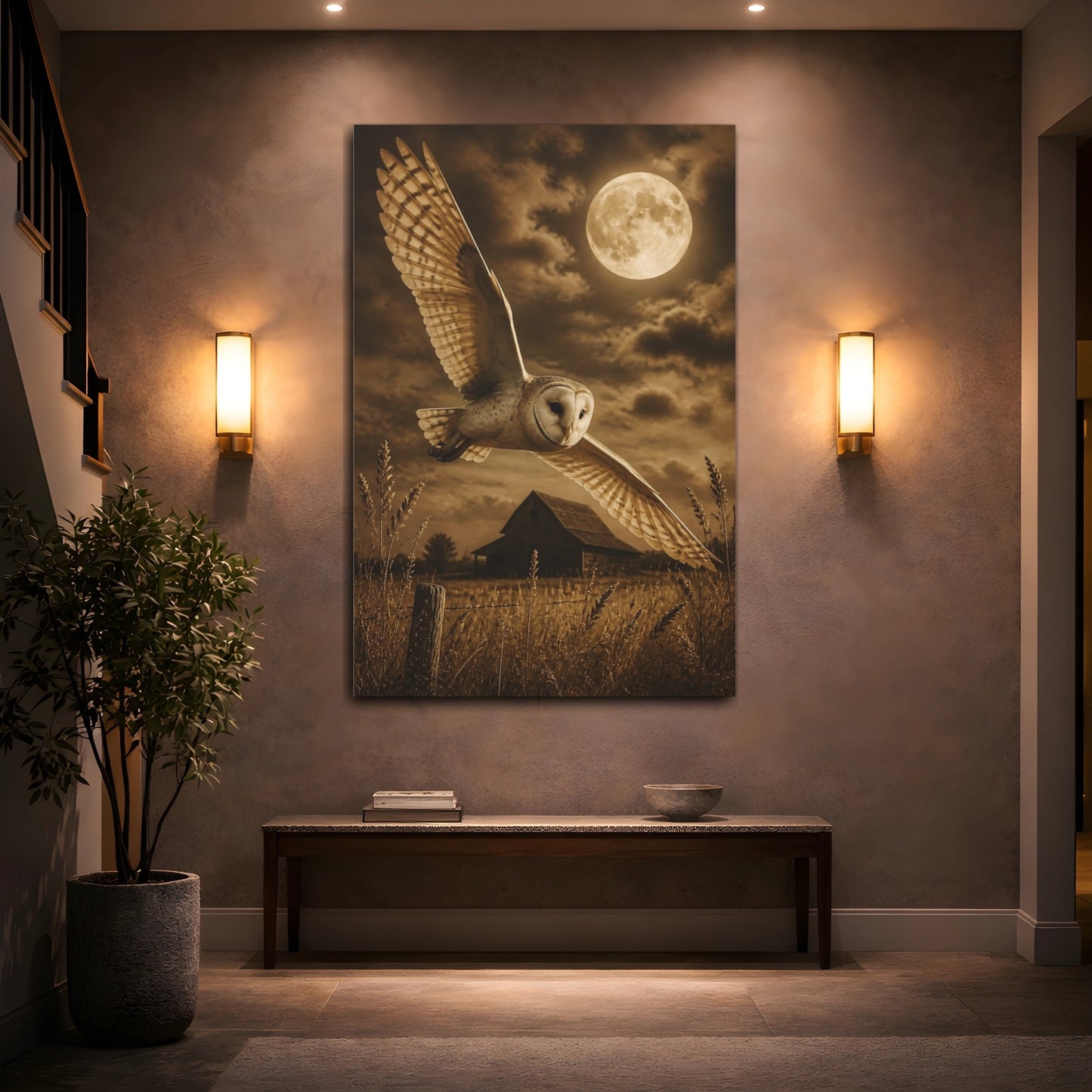 Mockup 2. Animals Barn Owl Moonlit Flight shown as canvas print