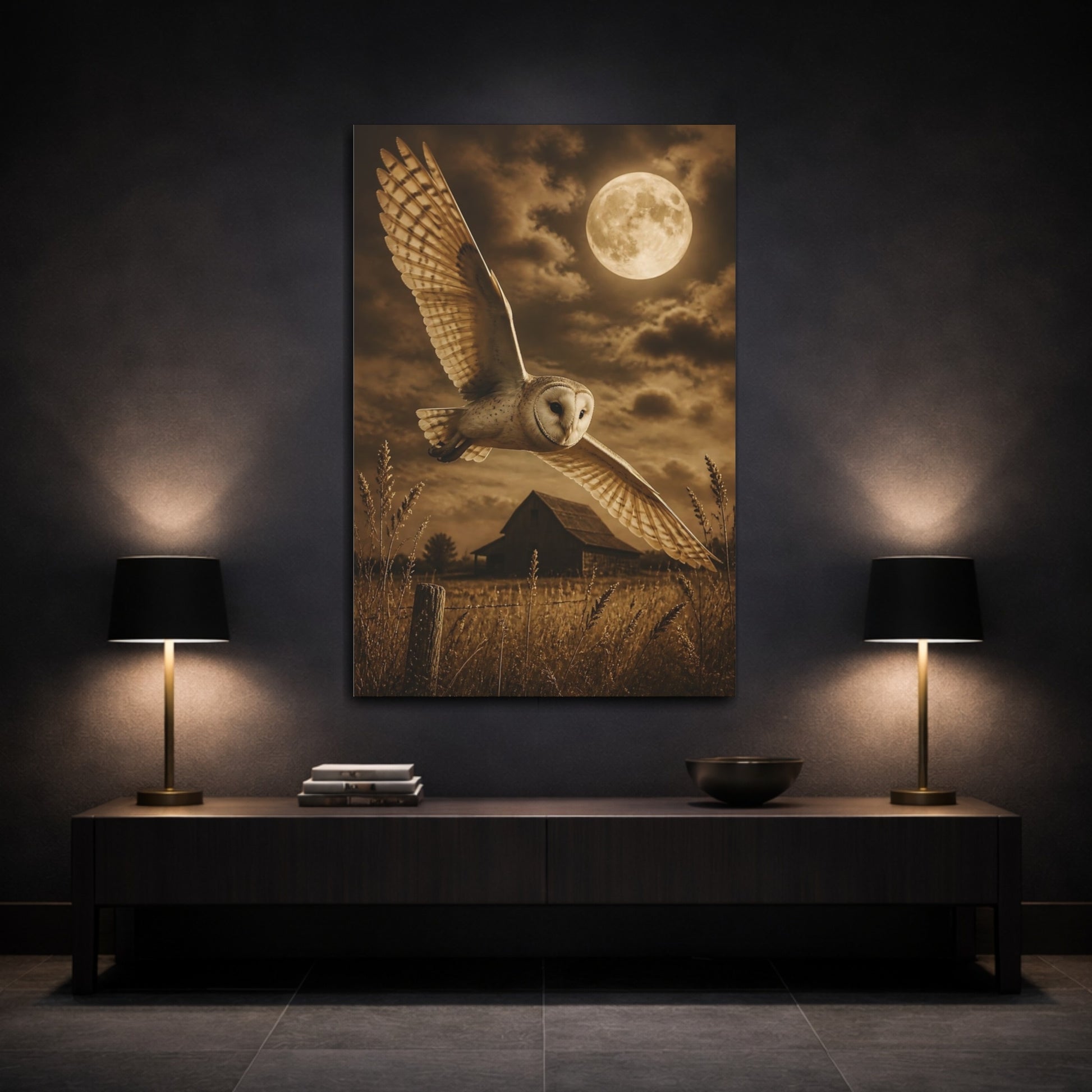 Mockup 3. Animals Barn Owl Moonlit Flight shown as canvas print