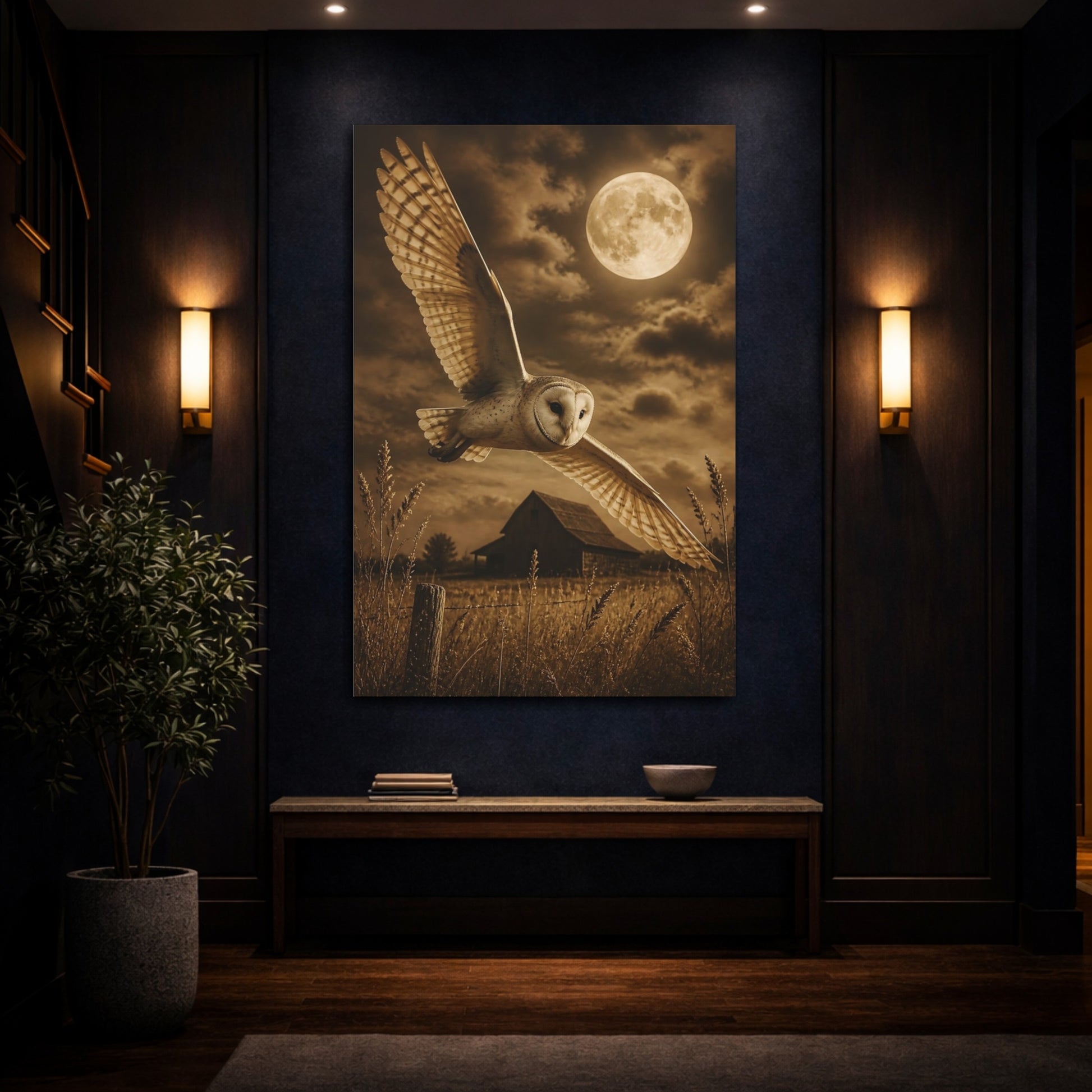 Mockup 4. Animals Barn Owl Moonlit Flight shown as canvas print
