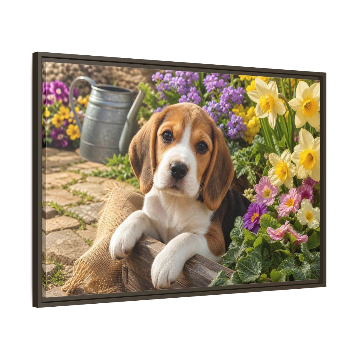 Main Mockup. Animals Beagle Puppy Beagle Puppy Garden shown as stretched canvas wall art