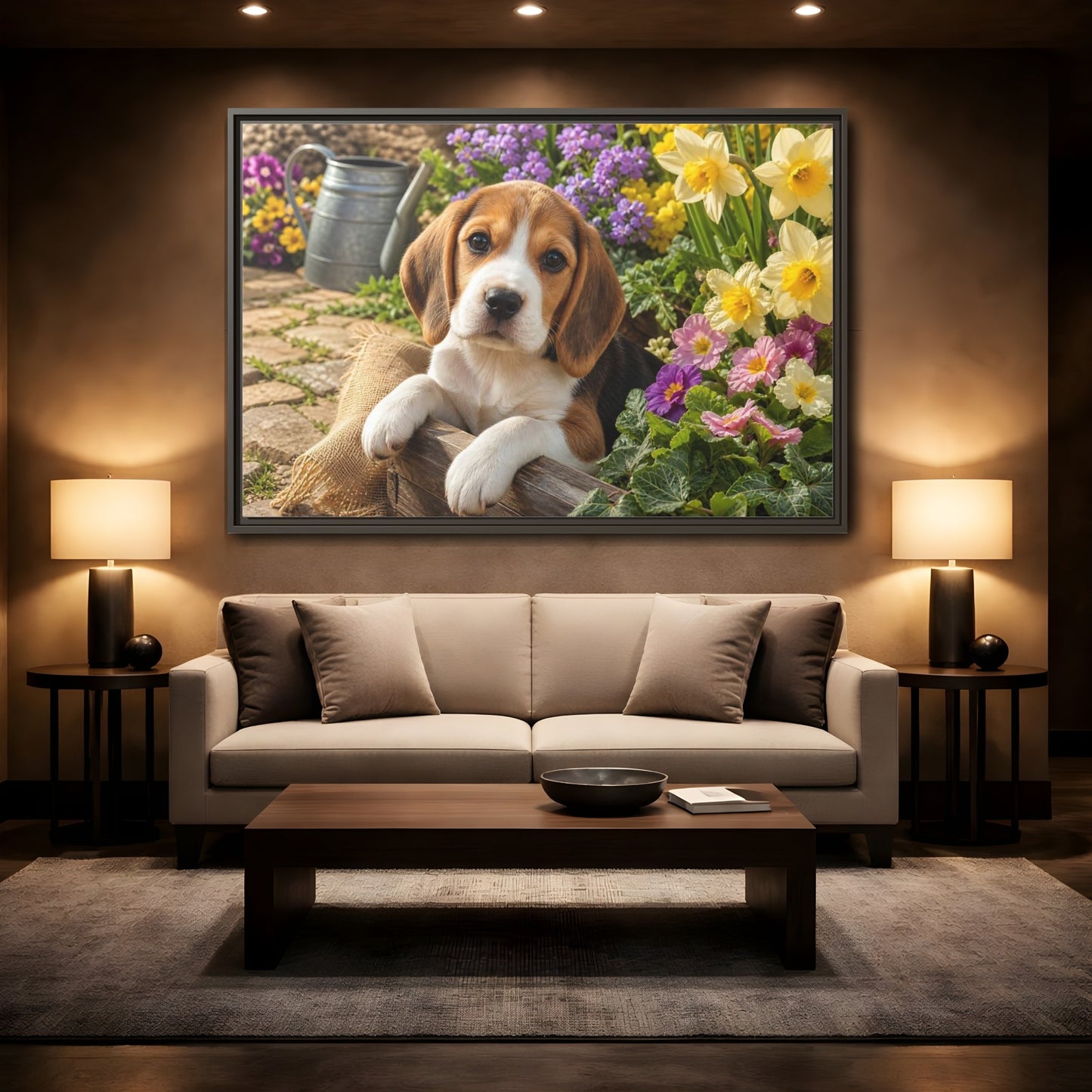 Mockup 2. Animals Beagle Puppy Beagle Puppy Garden shown as stretched canvas wall art