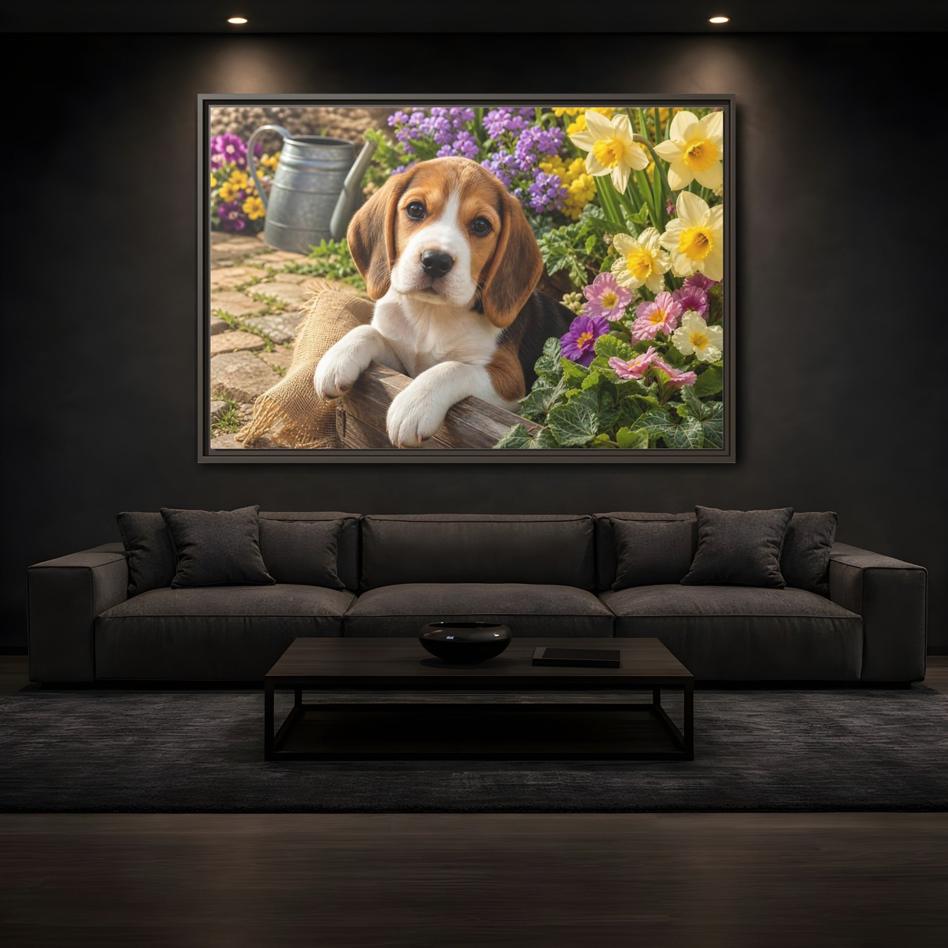 Mockup 3. Animals Beagle Puppy Beagle Puppy Garden shown as stretched canvas wall art