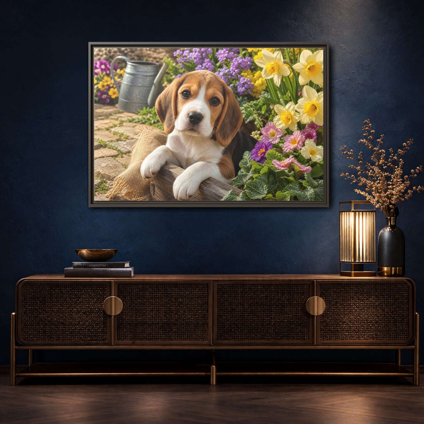 Mockup 4. Animals Beagle Puppy Beagle Puppy Garden shown as stretched canvas wall art