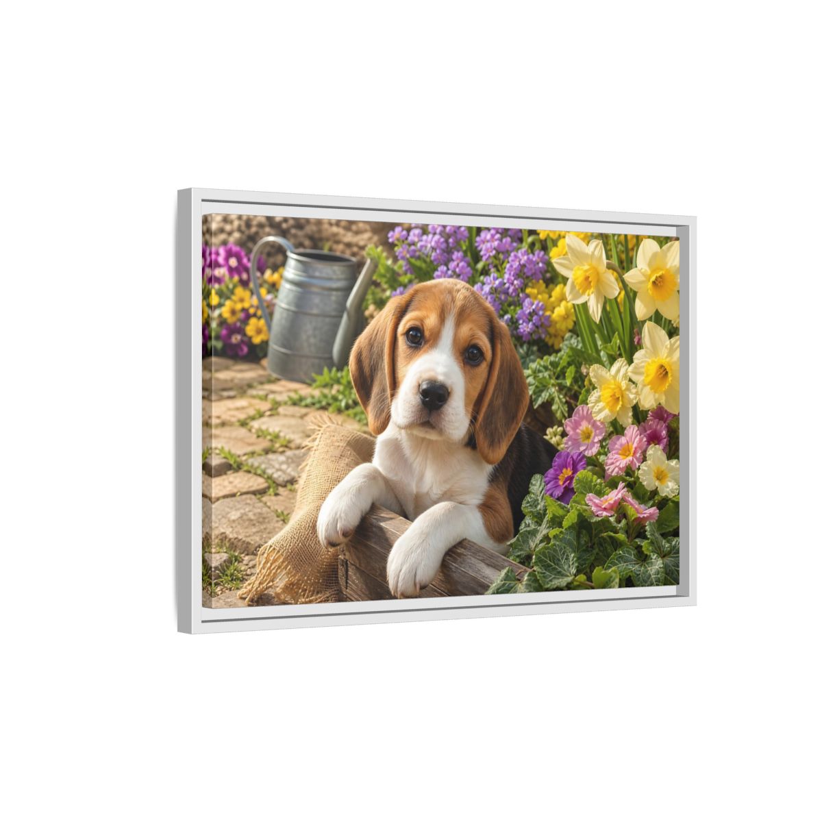 Side Mockup 1. Animals Beagle Puppy Beagle Puppy Garden shown as stretched canvas wall art