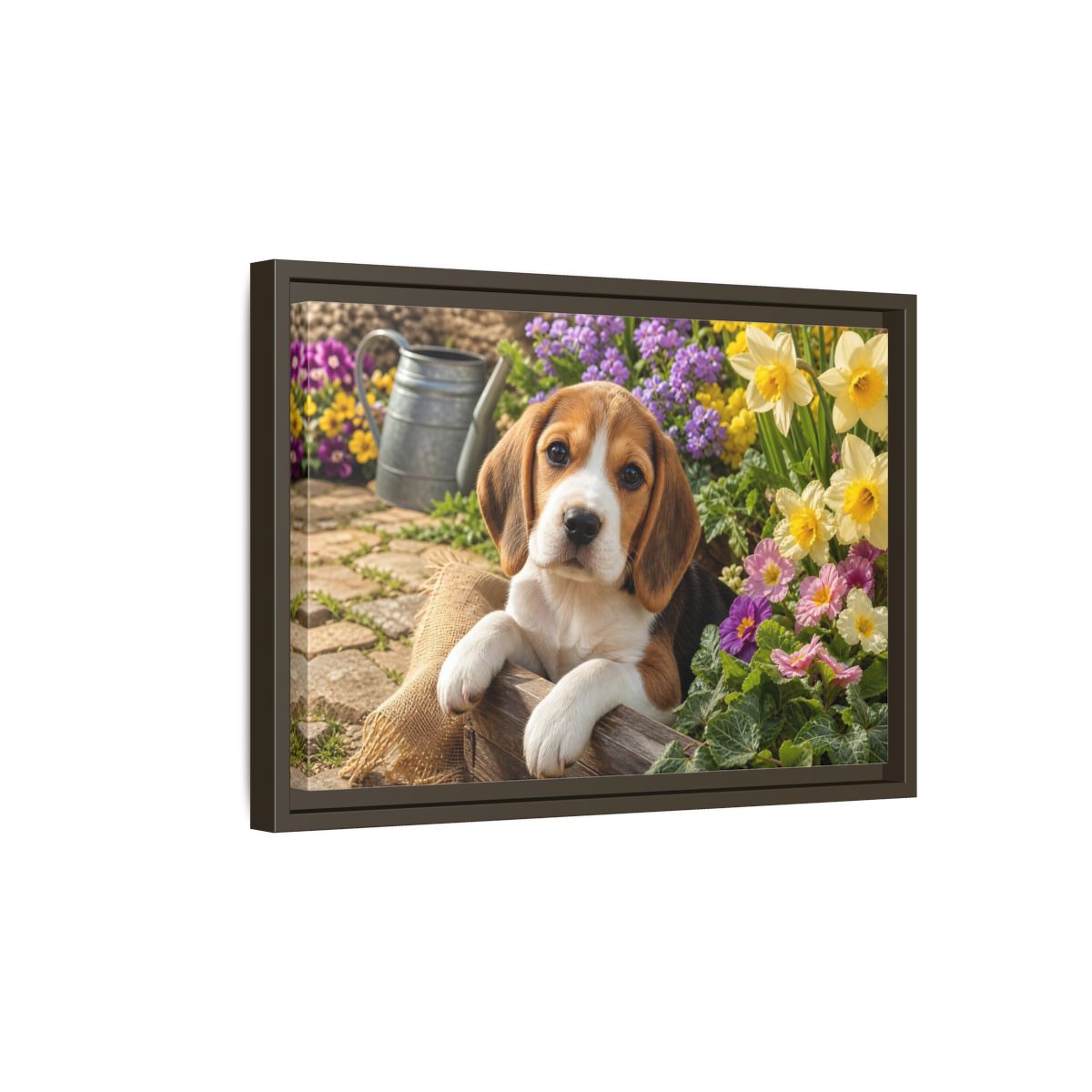 Side Mockup 5. Animals Beagle Puppy Beagle Puppy Garden shown as stretched canvas wall art