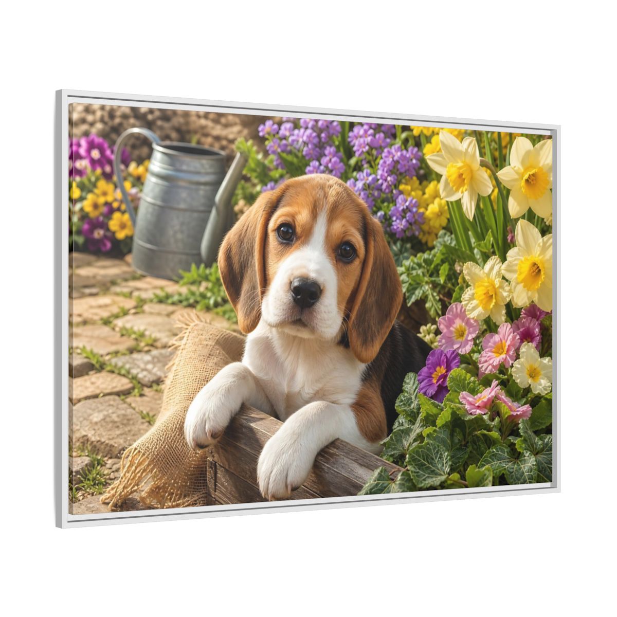 Side Mockup 7. Animals Beagle Puppy Beagle Puppy Garden shown as stretched canvas wall art