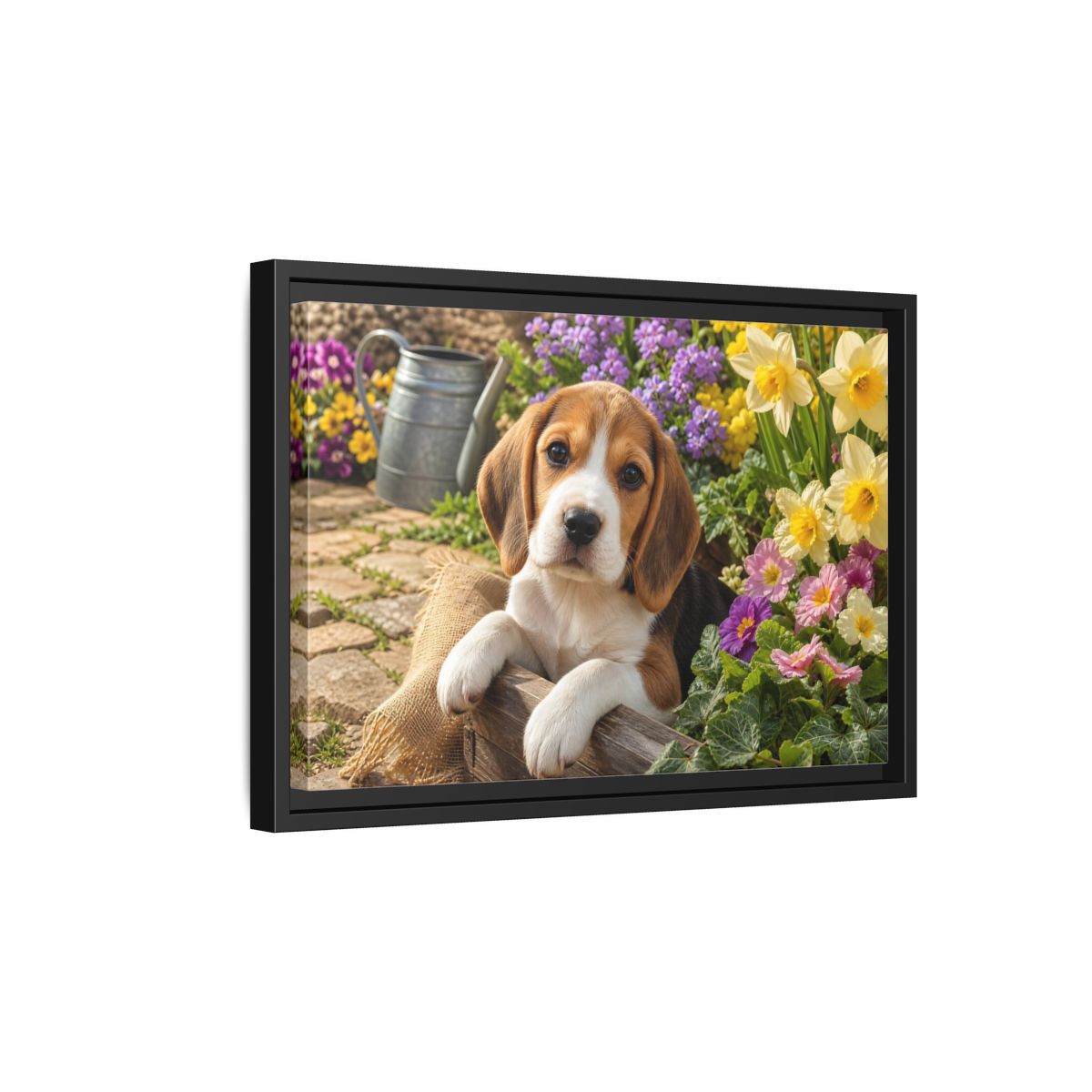 Side Mockup 6. Animals Beagle Puppy Beagle Puppy Garden shown as stretched canvas wall art