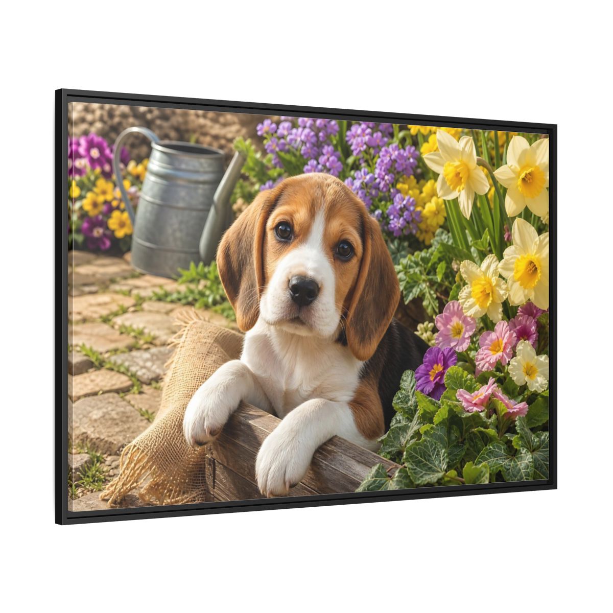 Side Mockup 12. Animals Beagle Puppy Beagle Puppy Garden shown as stretched canvas wall art