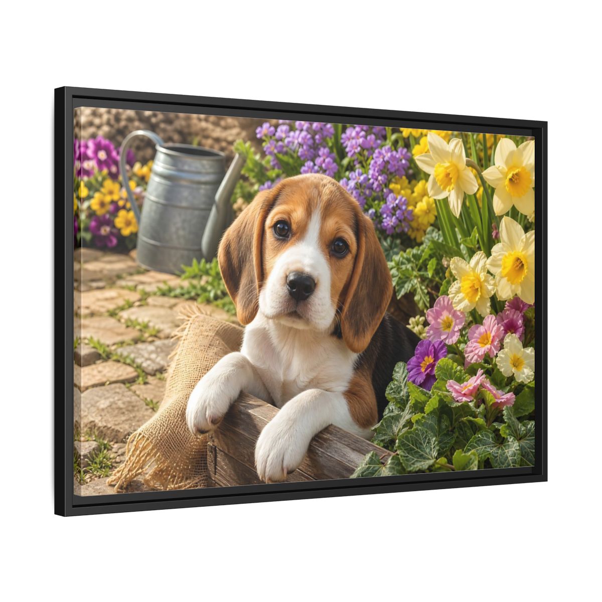Side Mockup 14. Animals Beagle Puppy Beagle Puppy Garden shown as stretched canvas wall art