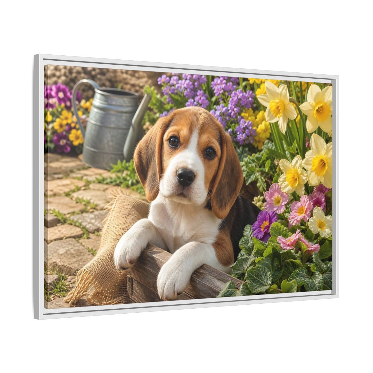 Side Mockup 9. Animals Beagle Puppy Beagle Puppy Garden shown as stretched canvas wall art