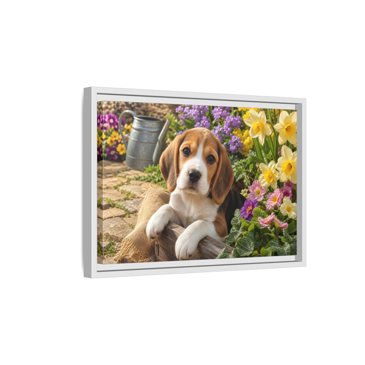 Side Mockup 4. Animals Beagle Puppy Beagle Puppy Garden shown as stretched canvas wall art