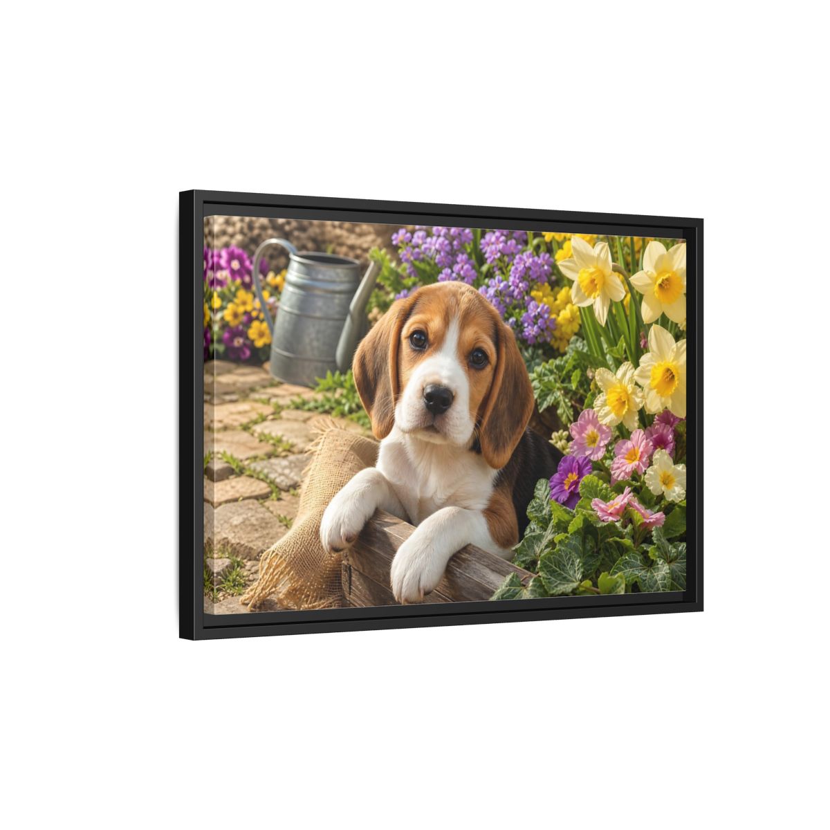 Side Mockup 3. Animals Beagle Puppy Beagle Puppy Garden shown as stretched canvas wall art
