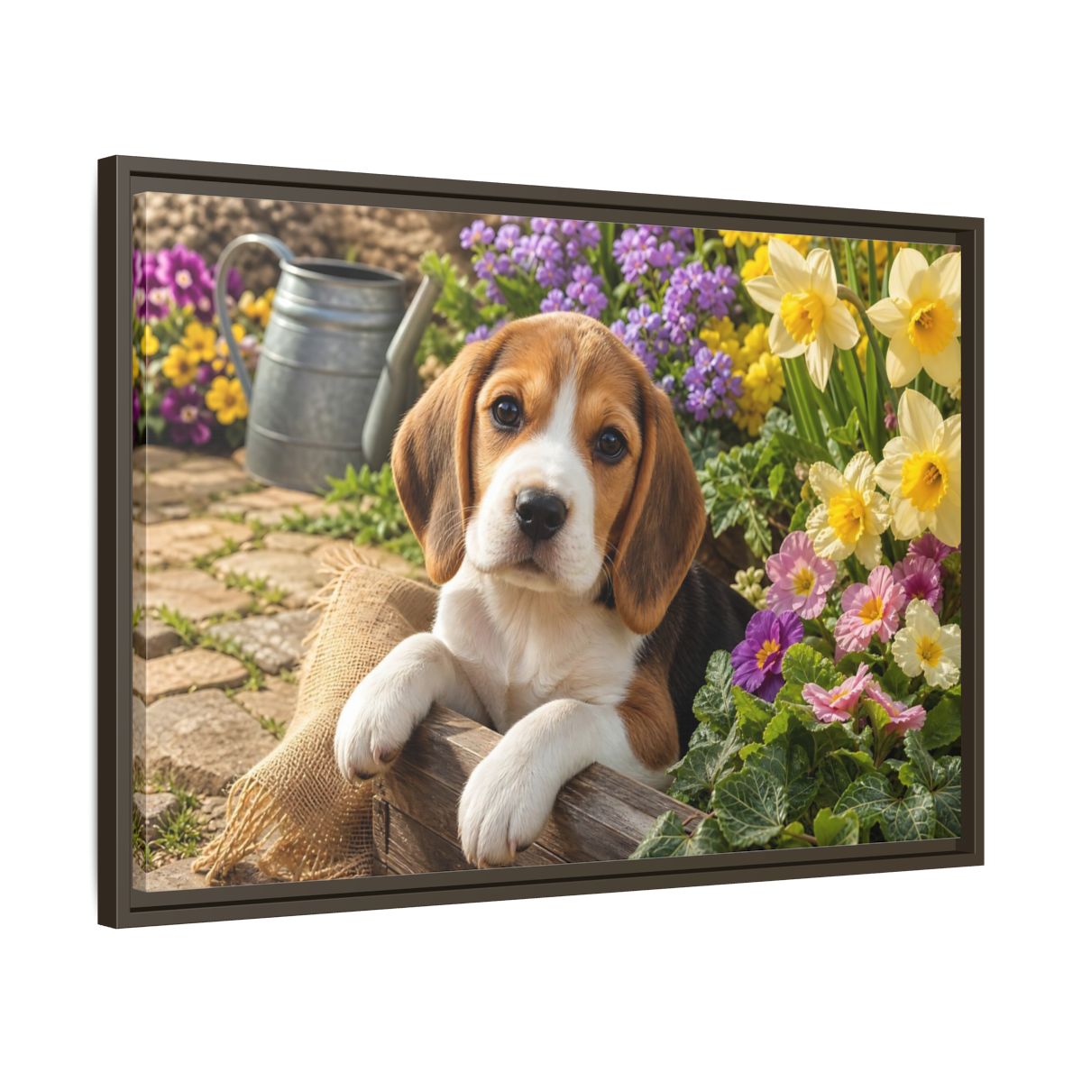 Side Mockup 11. Animals Beagle Puppy Beagle Puppy Garden shown as stretched canvas wall art