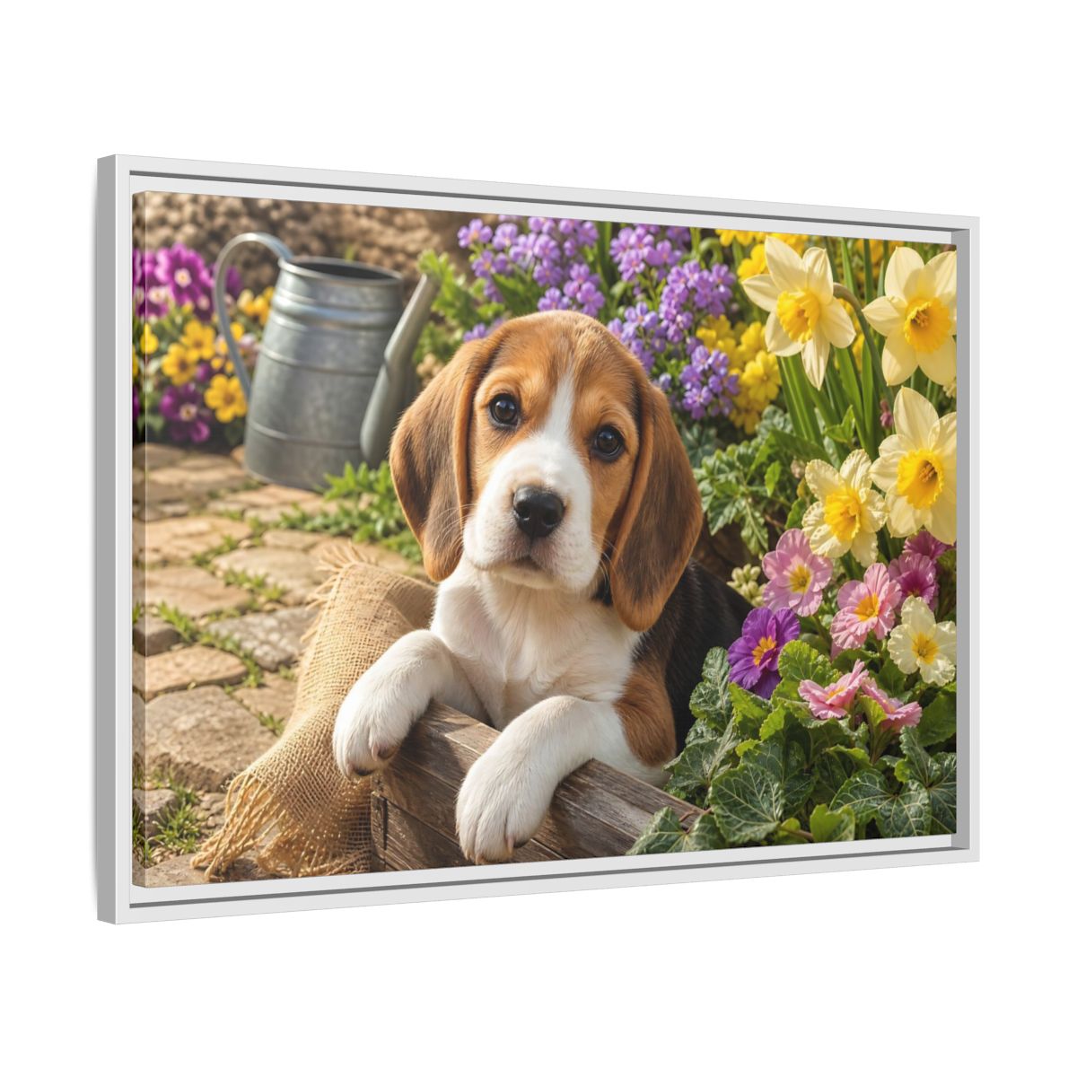 Side Mockup 10. Animals Beagle Puppy Beagle Puppy Garden shown as stretched canvas wall art