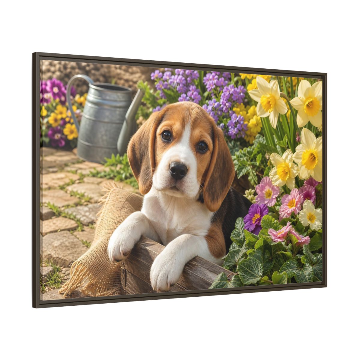 Side Mockup 8. Animals Beagle Puppy Beagle Puppy Garden shown as stretched canvas wall art