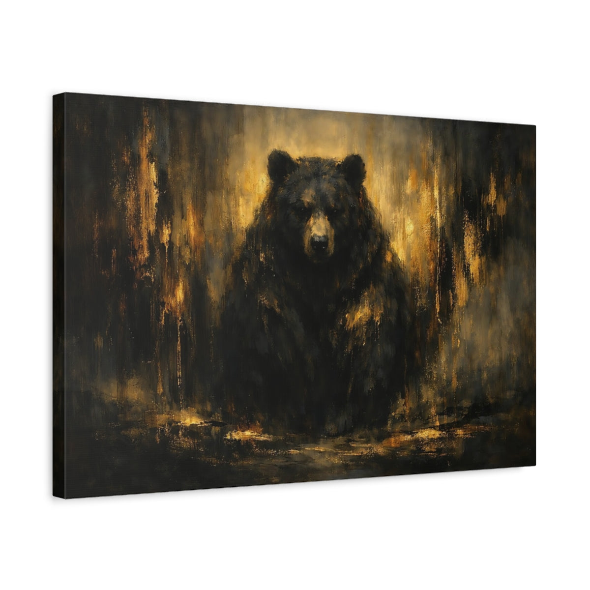 Side Mockup 3. Animals Bear Black And Gold shown as stretched canvas wall art