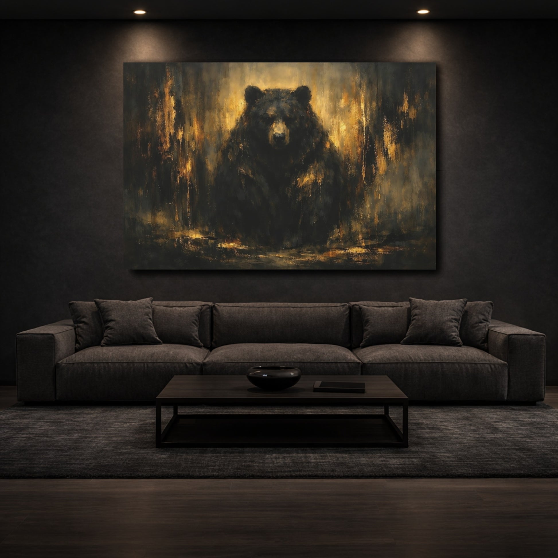 Mockup 2. Animals Bear Black And Gold shown as stretched canvas wall art