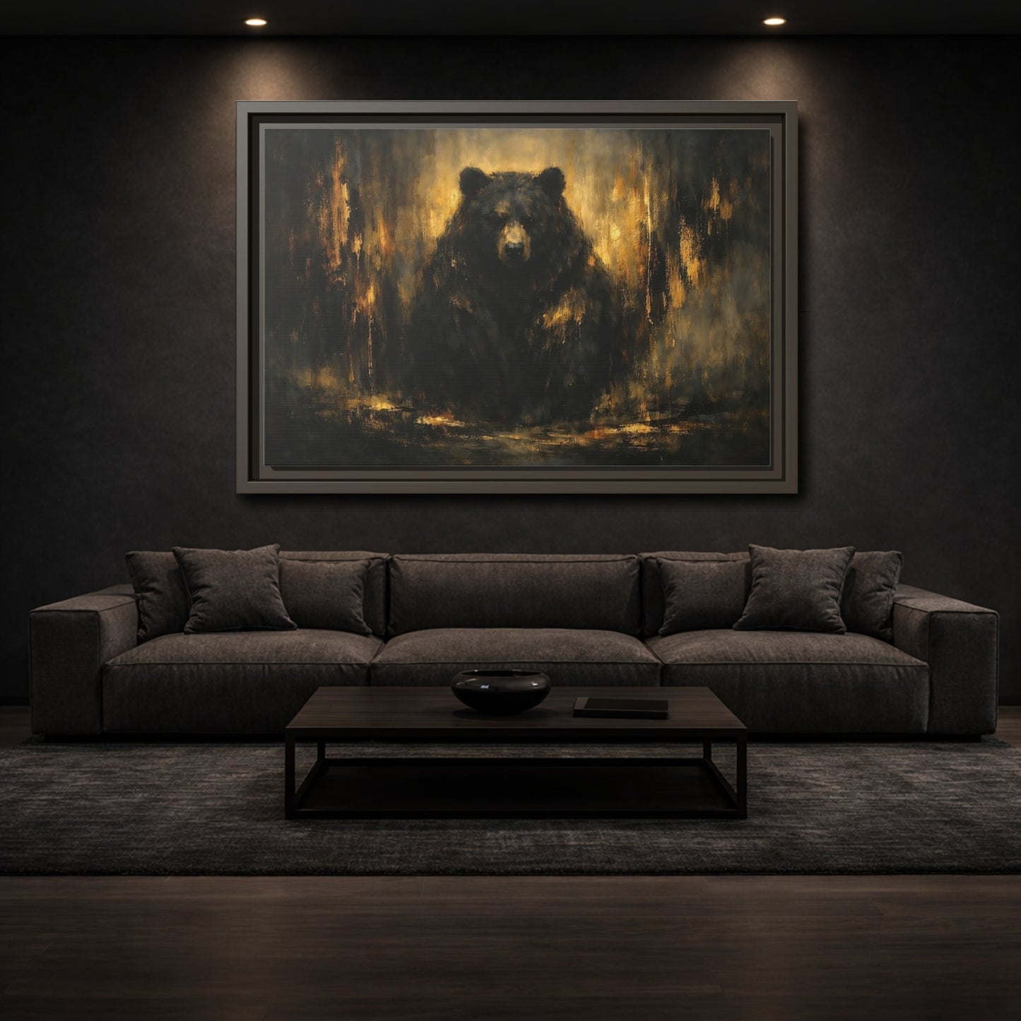 Mockup 2. Animals Bear Black And Gold shown as stretched canvas wall art