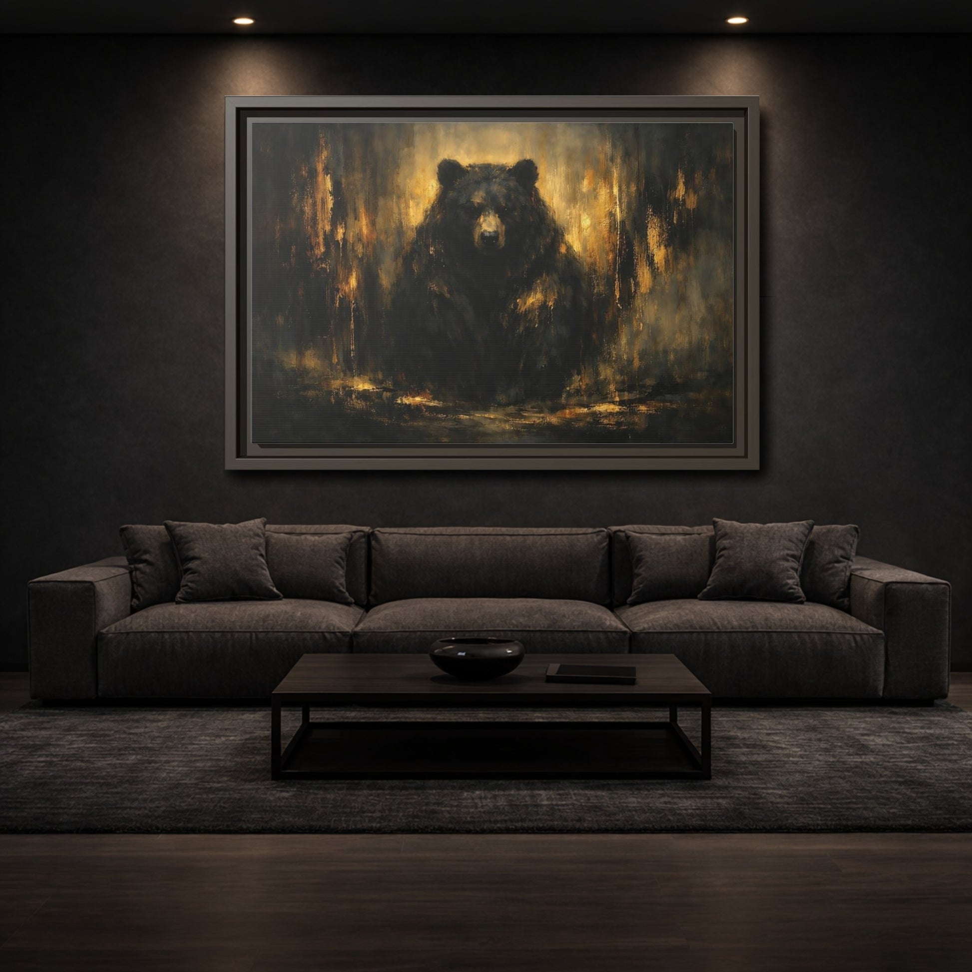 Mockup 2. Animals Bear Black And Gold shown as stretched canvas wall art