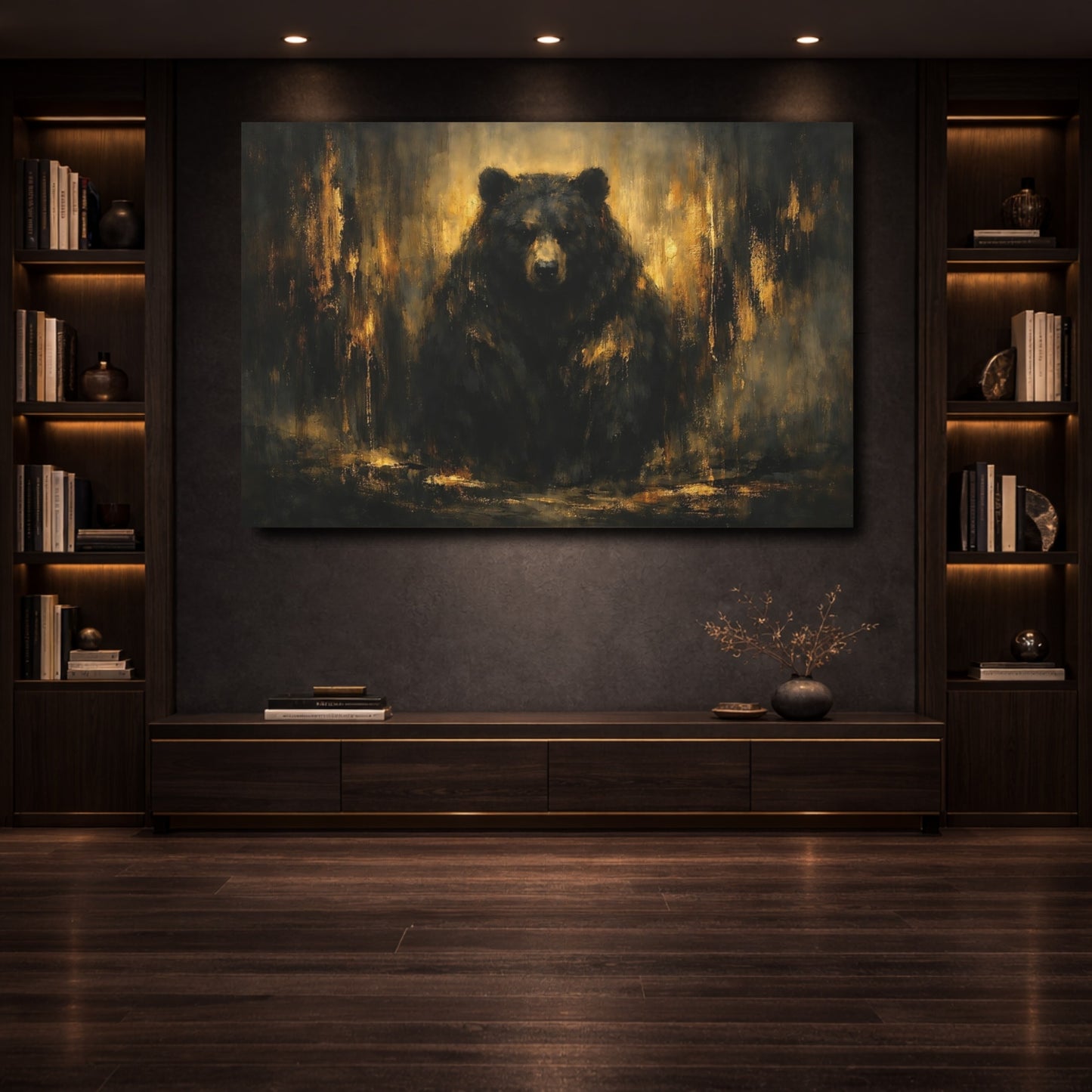 Mockup 3. Animals Bear Black And Gold shown as stretched canvas wall art