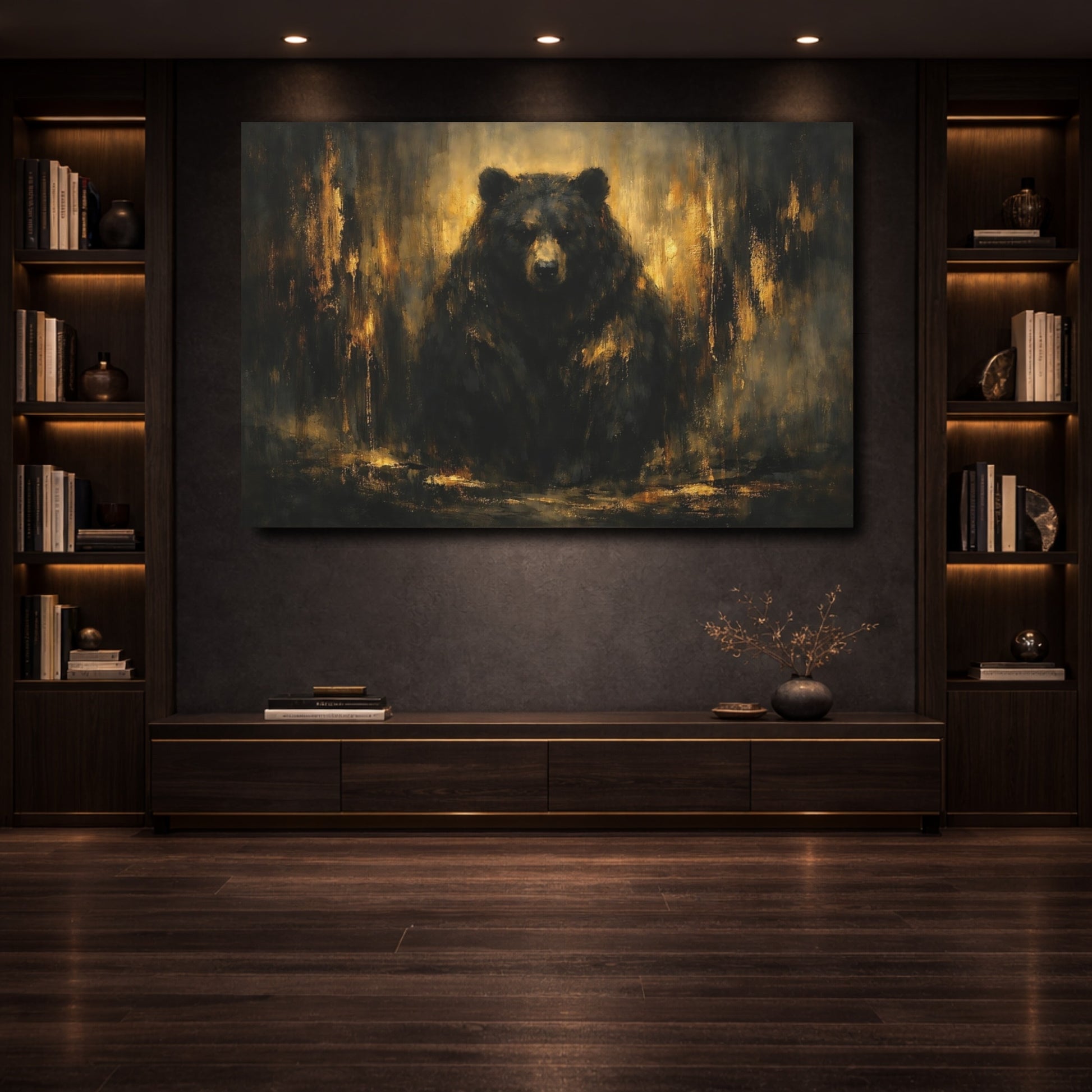 Mockup 3. Animals Bear Black And Gold shown as stretched canvas wall art