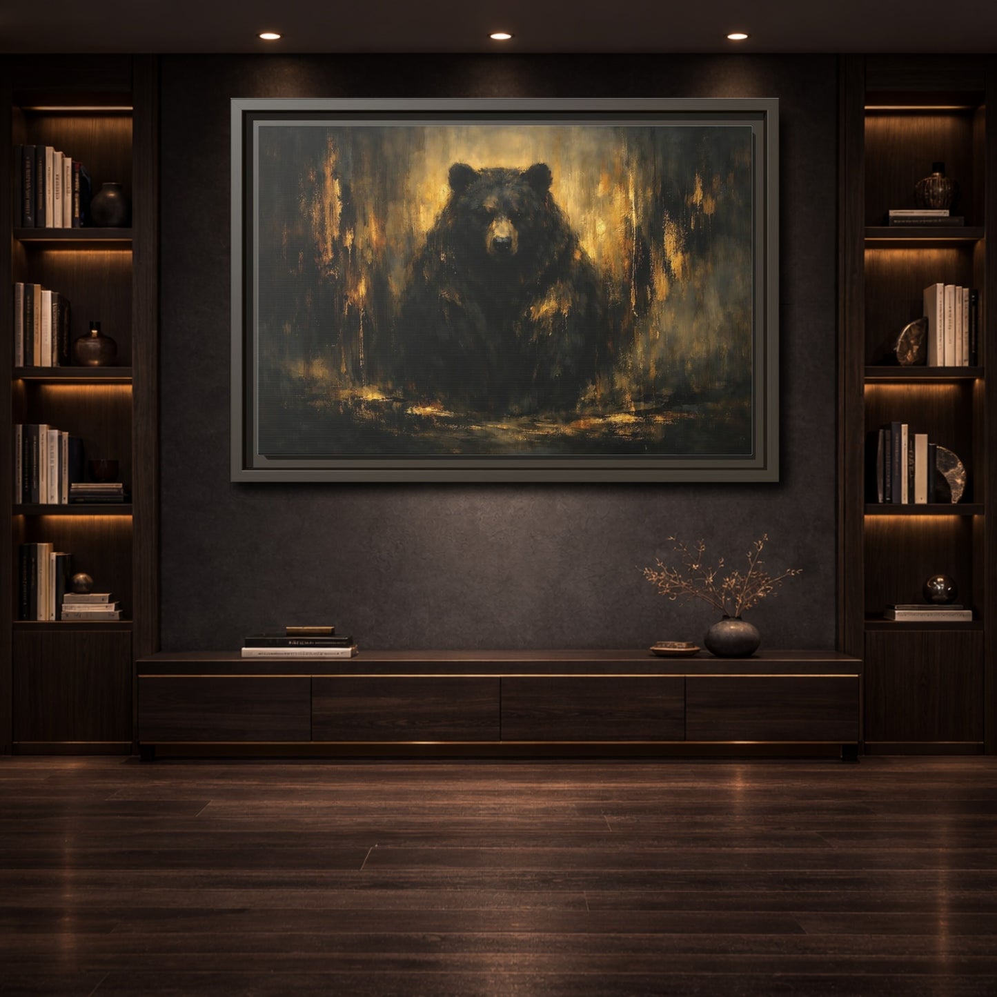 Mockup 3. Animals Bear Black And Gold shown as stretched canvas wall art