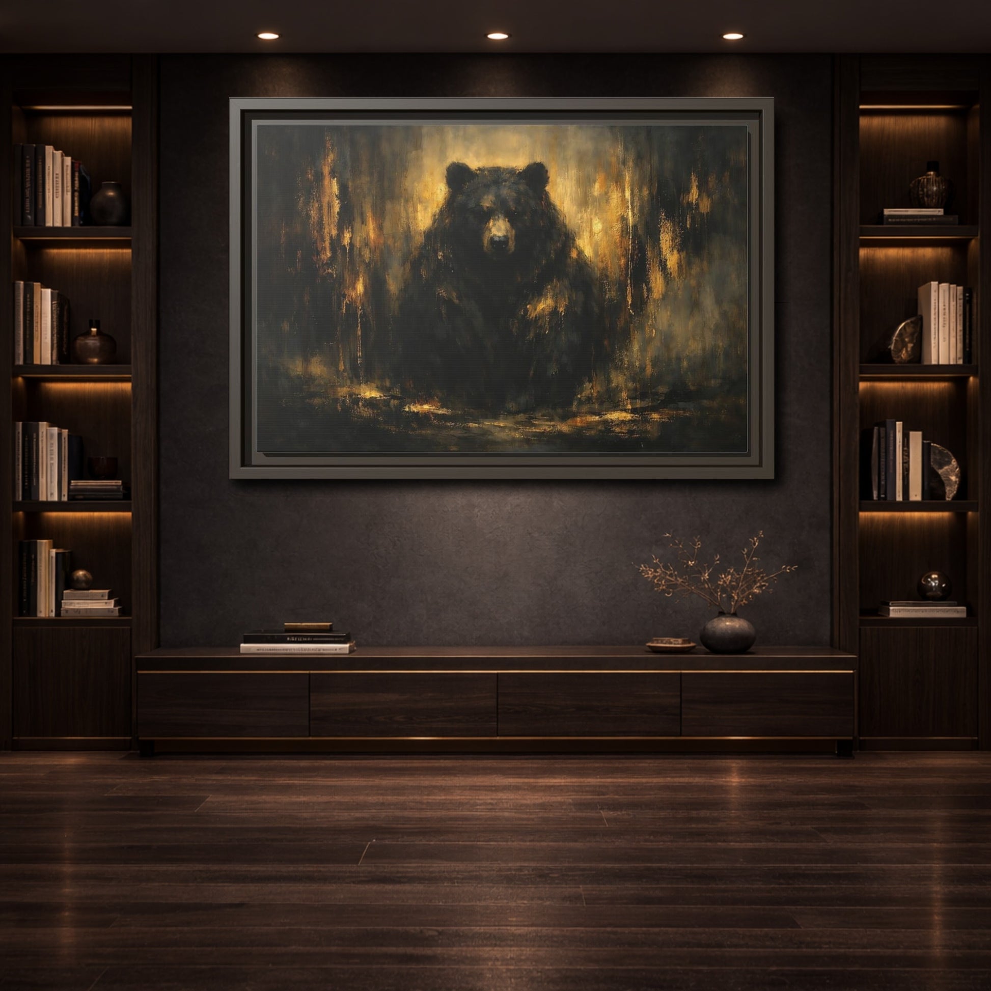 Mockup 3. Animals Bear Black And Gold shown as stretched canvas wall art