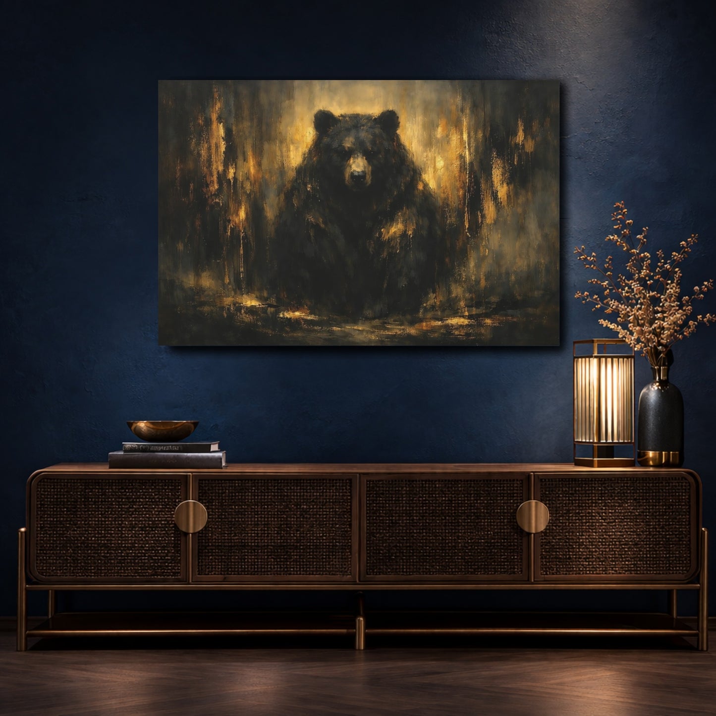 Mockup 4. Animals Bear Black And Gold shown as stretched canvas wall art