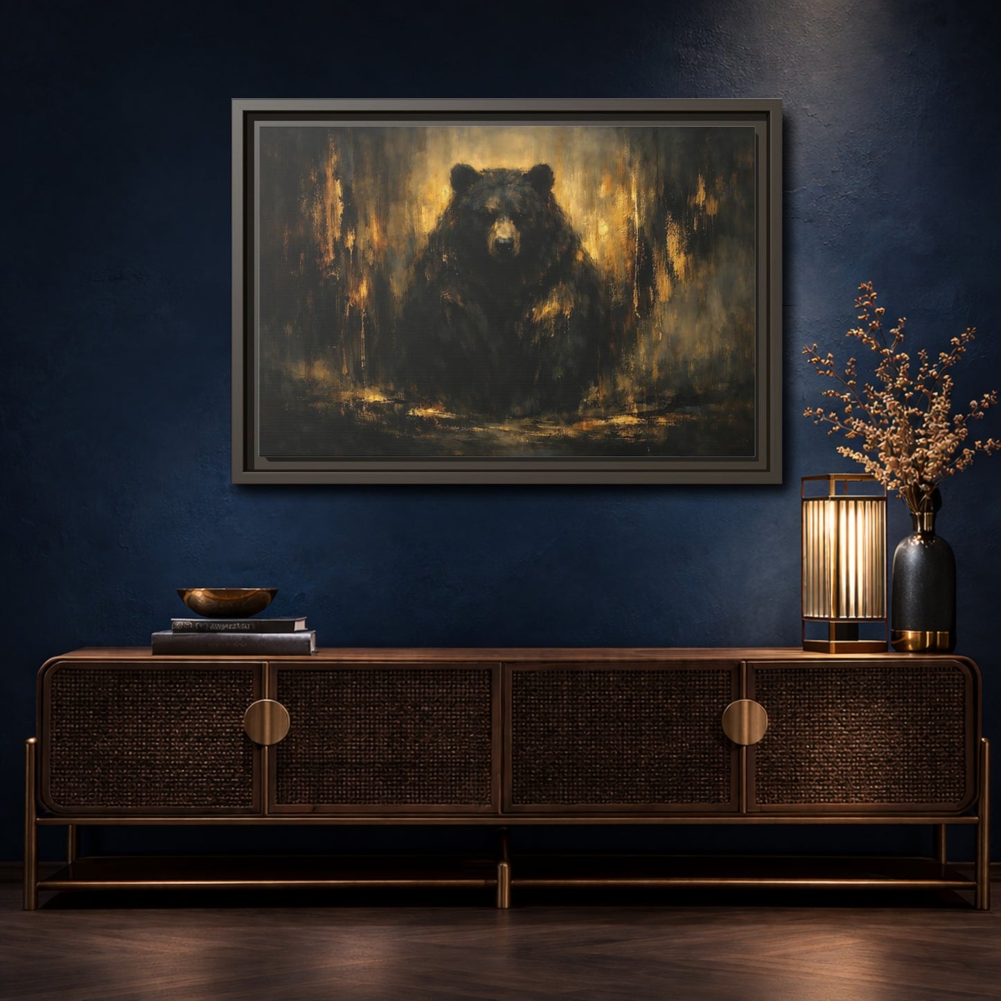 Mockup 4. Animals Bear Black Gold shown as stretched canvas wall art