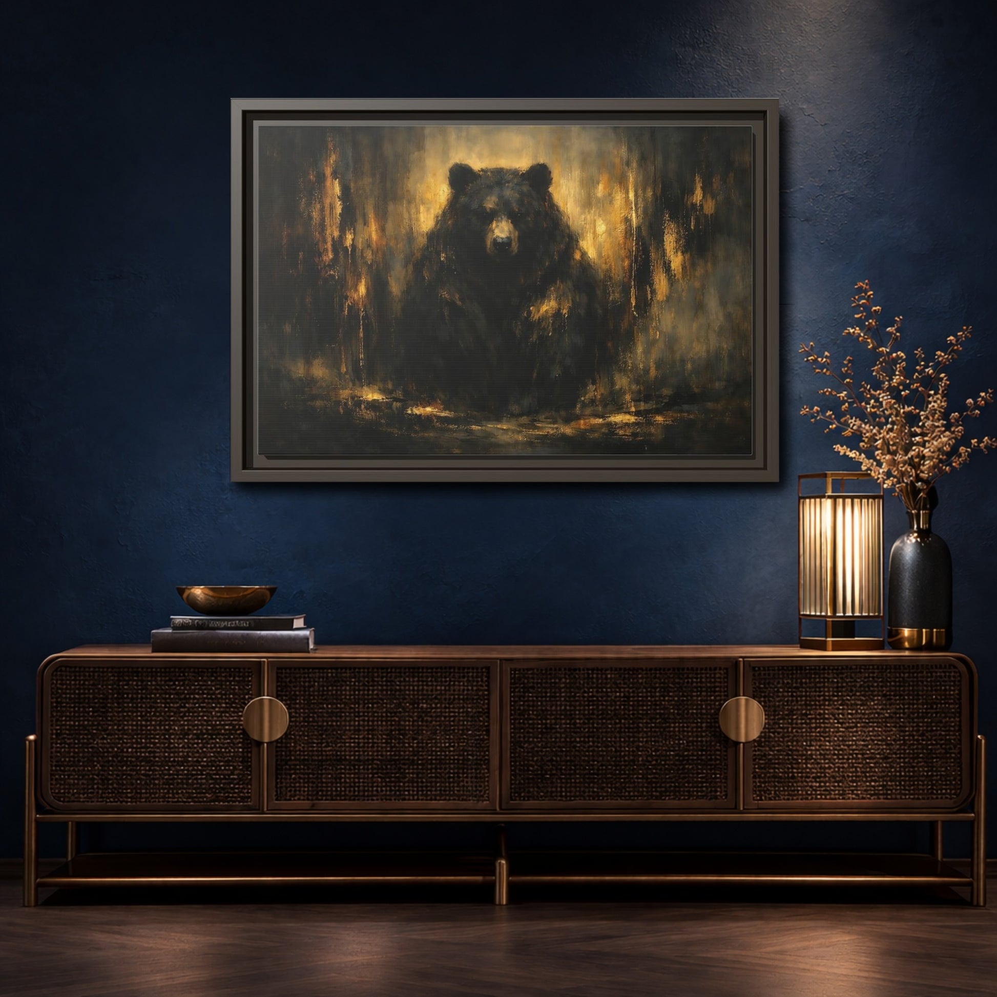 Mockup 4. Animals Bear Black Gold shown as stretched canvas wall art