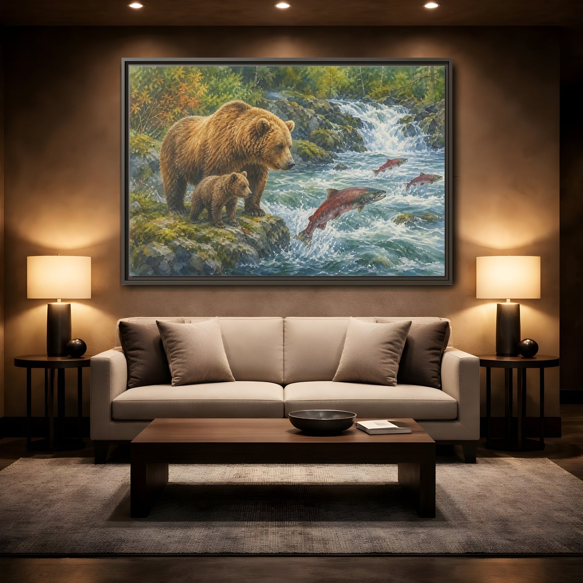 Mockup 2. Animals Bear Family Brown Bear Salmon shown as stretched canvas wall art