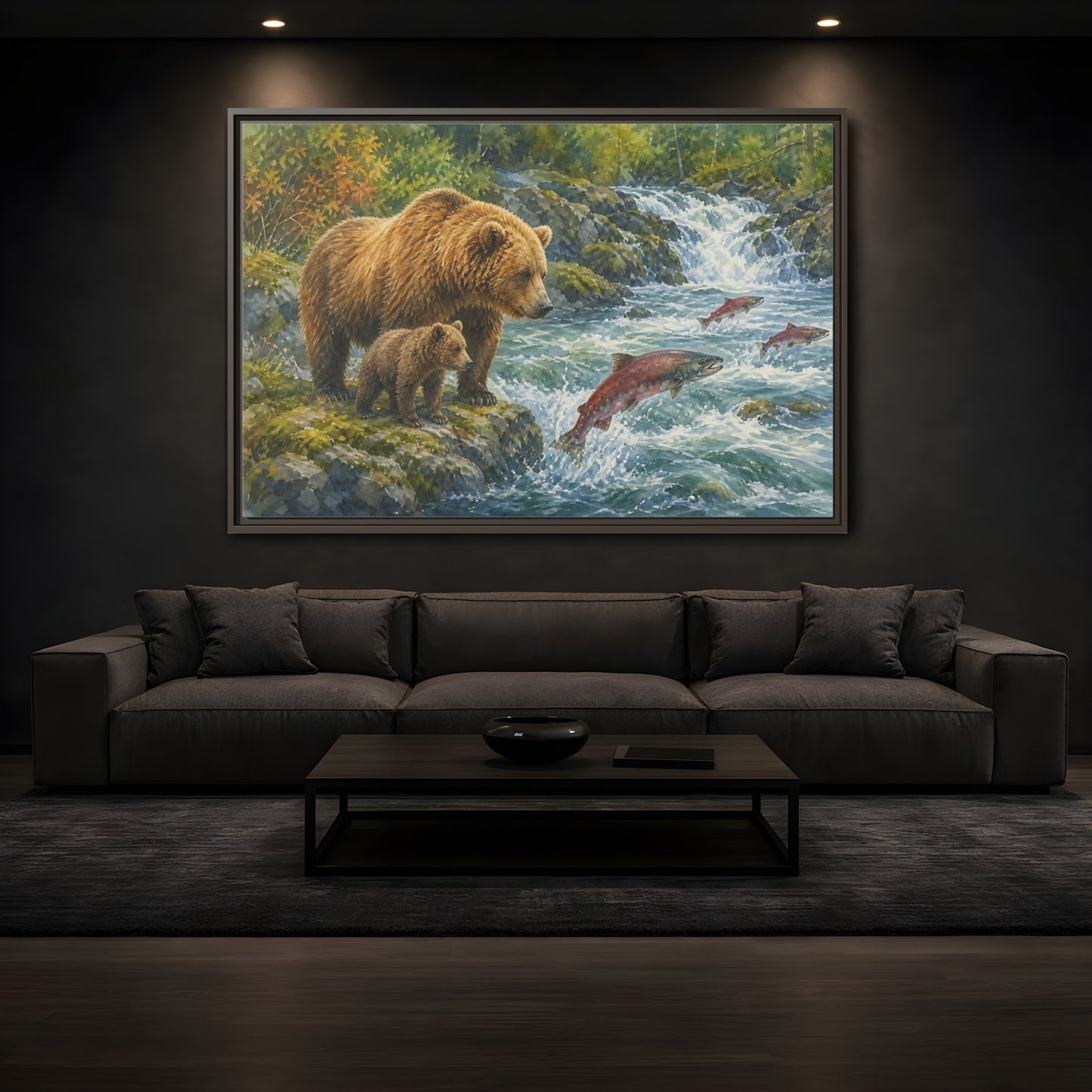 Mockup 3. Animals Bear Family Brown Bear Salmon shown as stretched canvas wall art