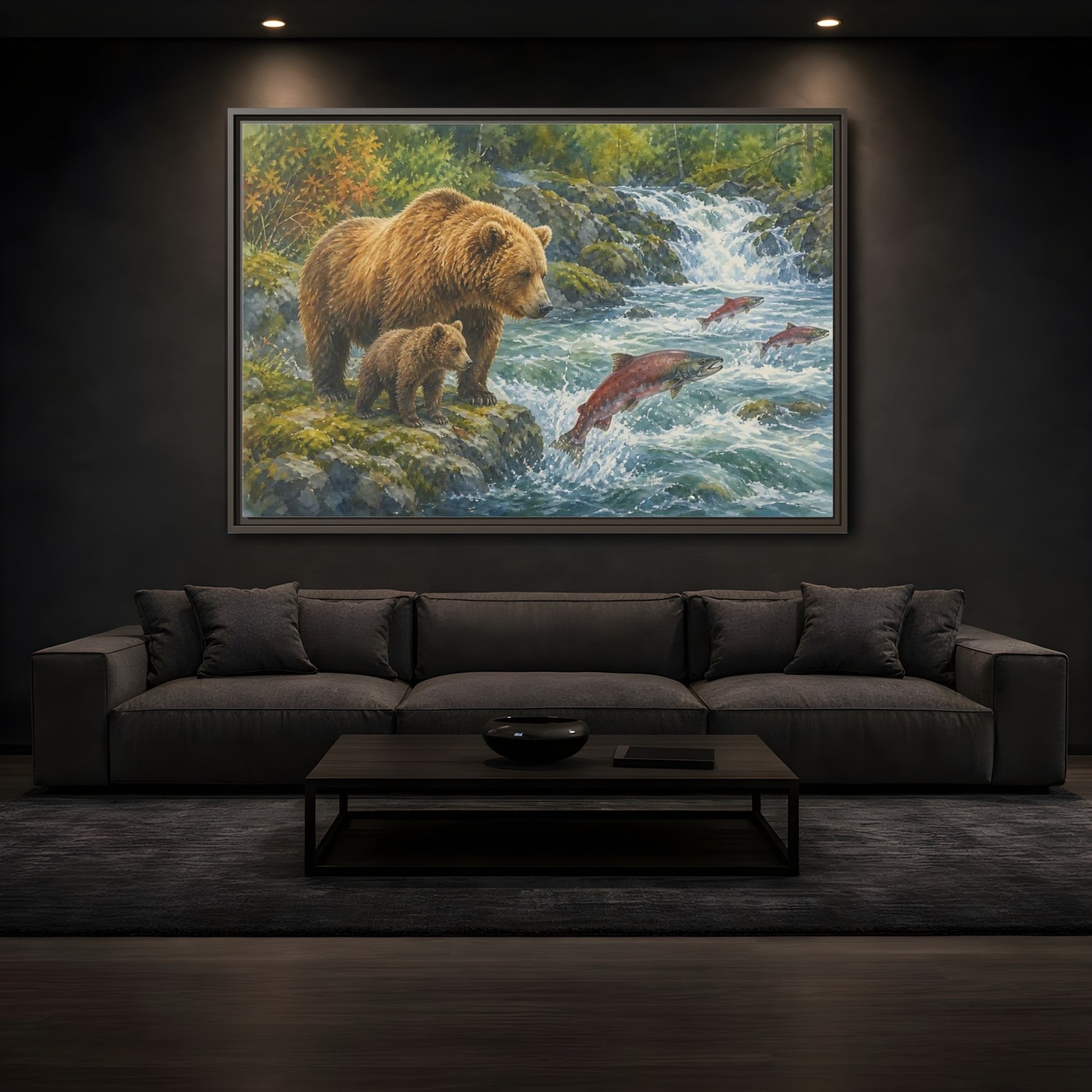 Mockup 3. Animals Bear Family Brown Bear Salmon shown as stretched canvas wall art