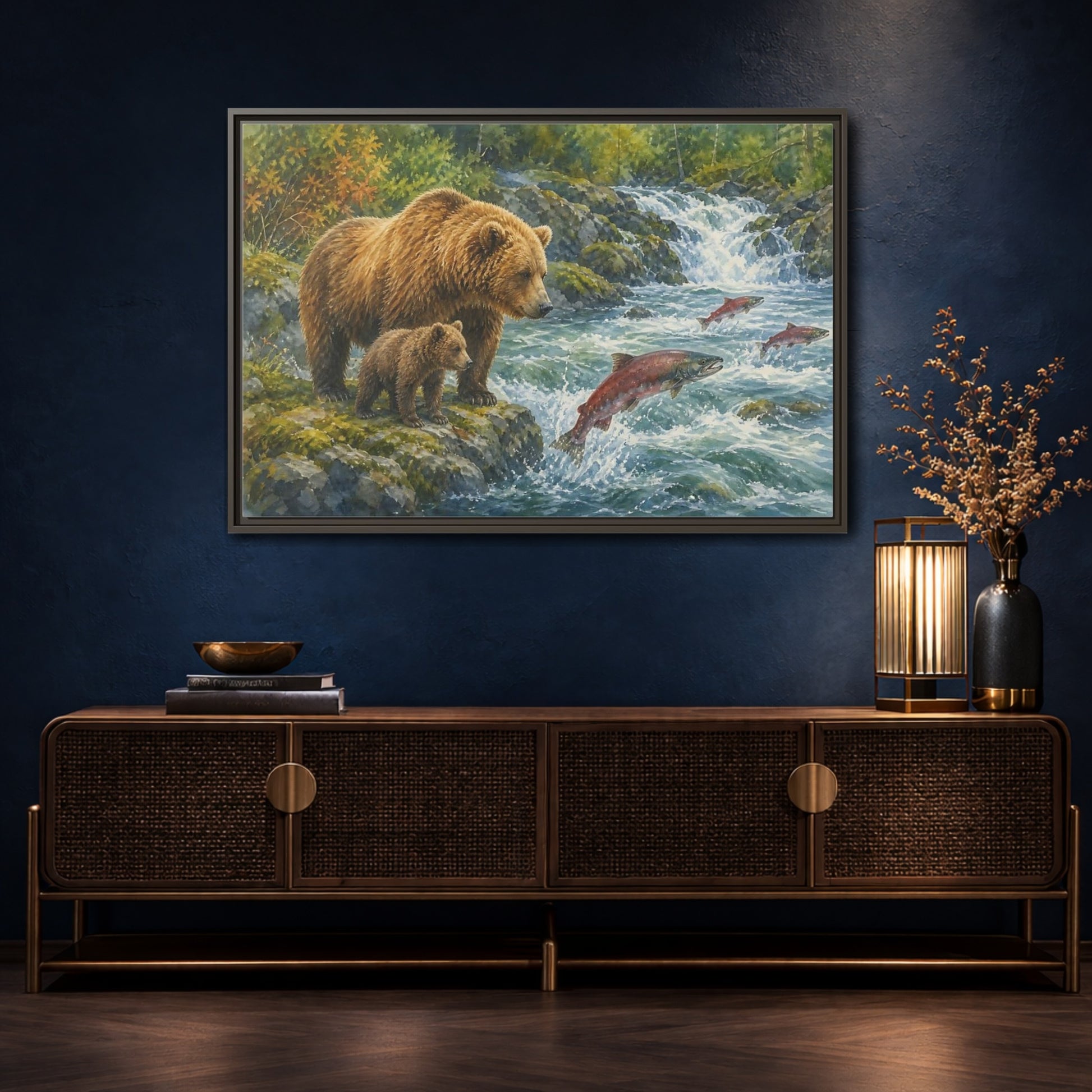 Mockup 4. Animals Bear Family Brown Bear Salmon shown as stretched canvas wall art