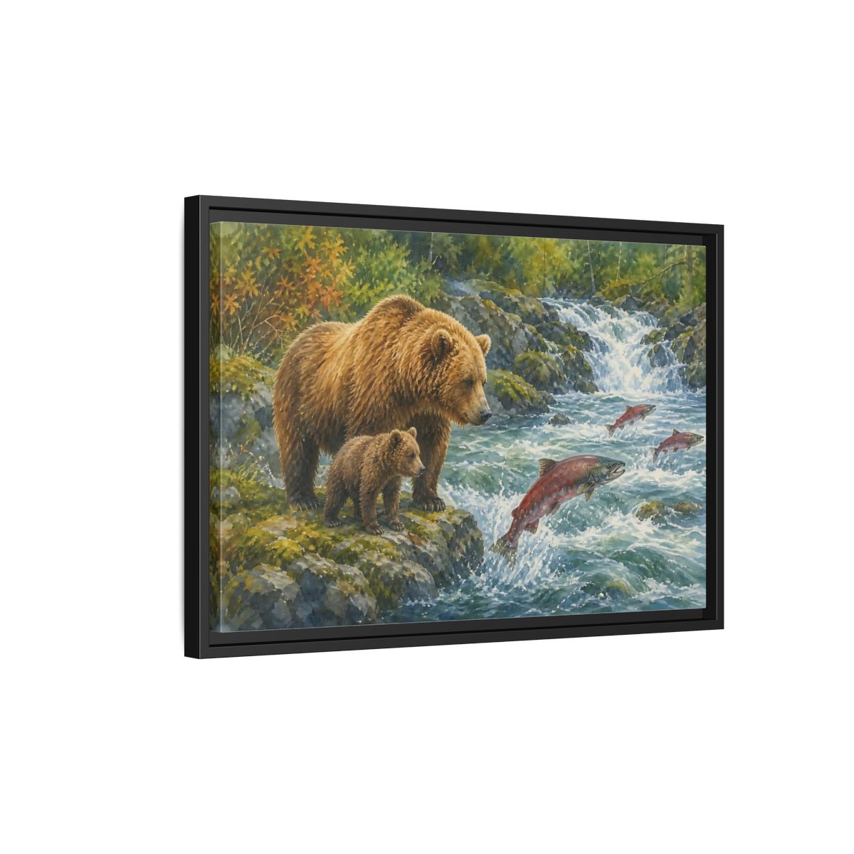 Side Mockup 3. Animals Bear Family Brown Bear Salmon shown as stretched canvas wall art