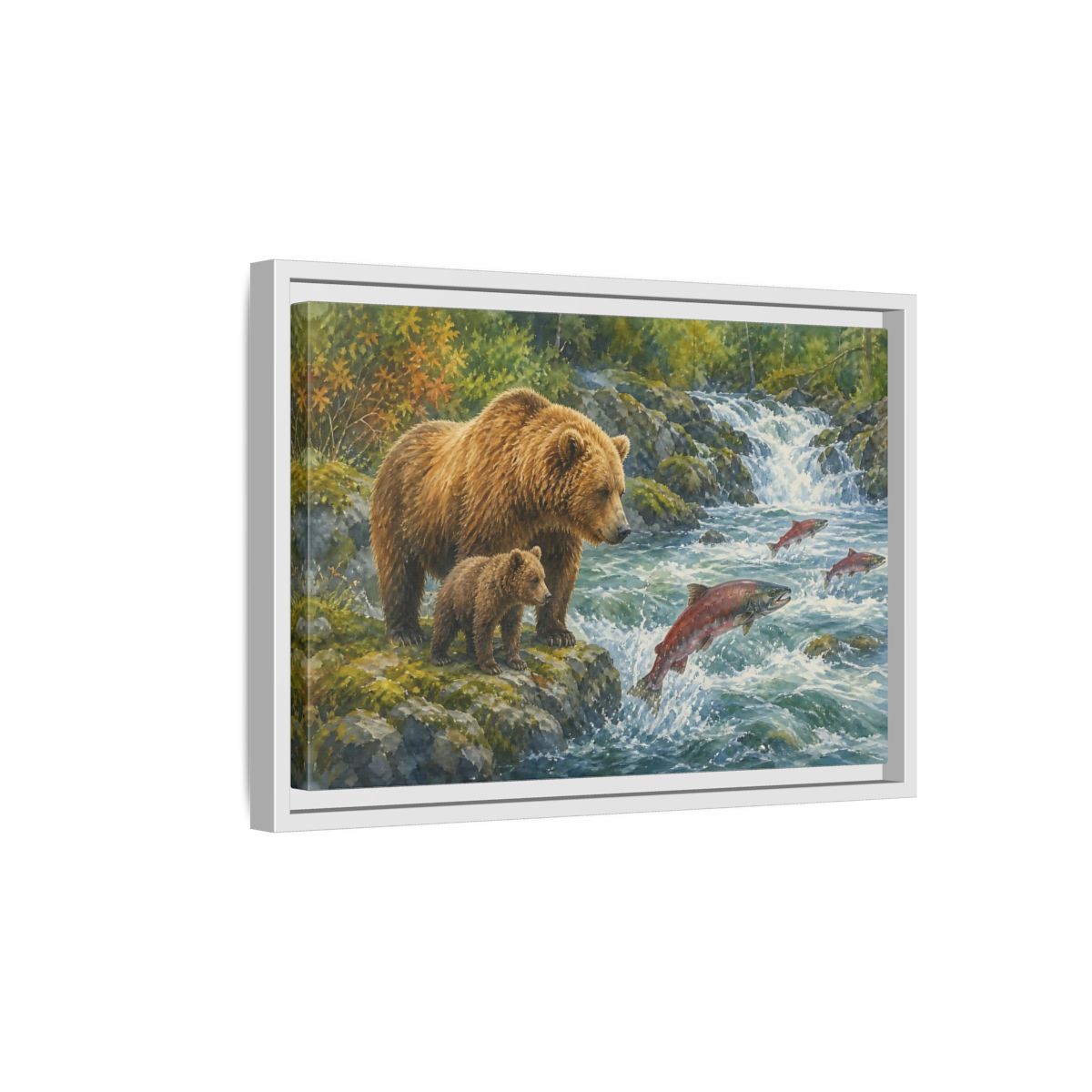 Side Mockup 4. Animals Bear Family Brown Bear Salmon shown as stretched canvas wall art